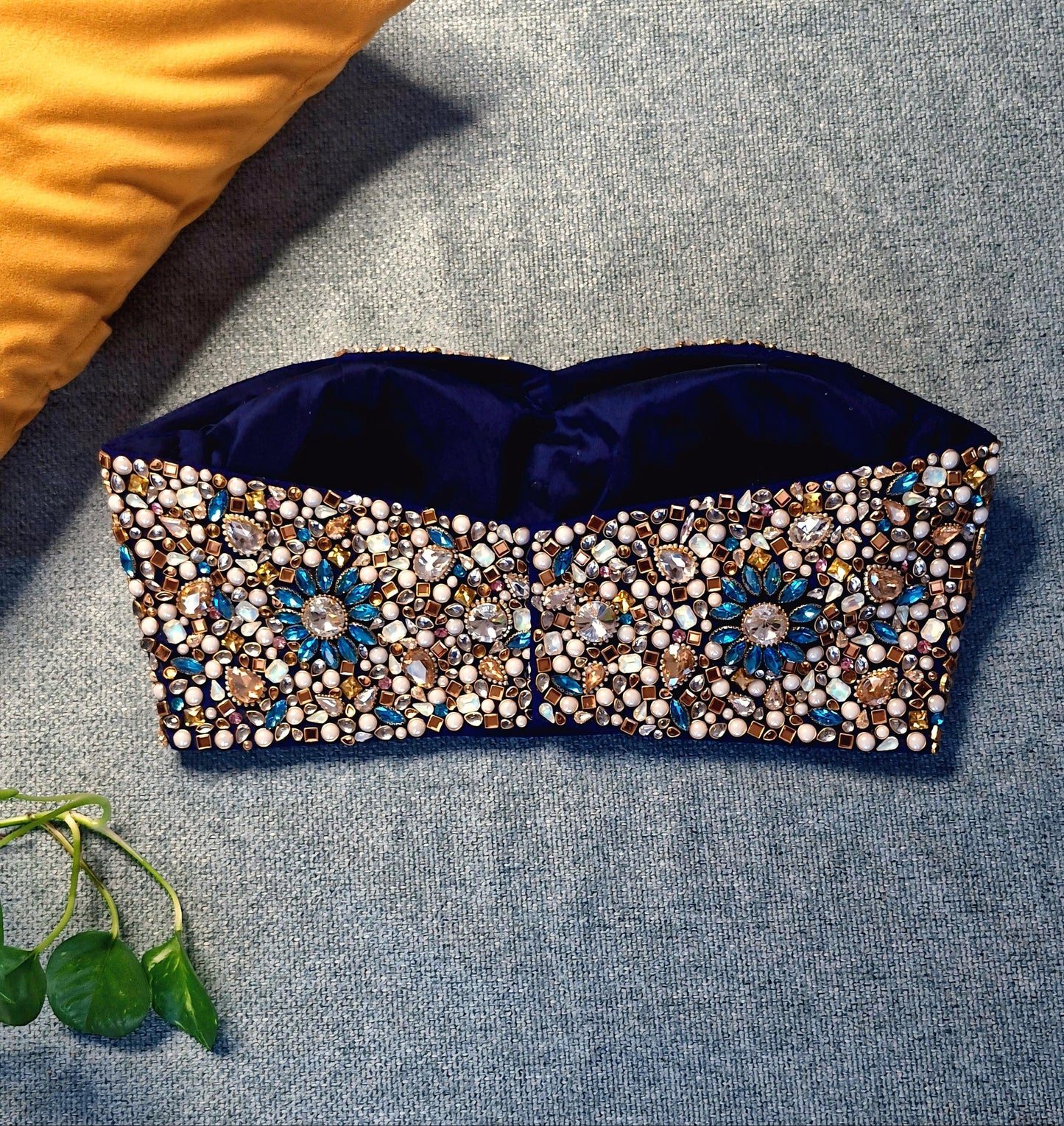 Hand Embroidered Bejeweled Blue Blouse, Kundan Embellished, Strapless Bralette