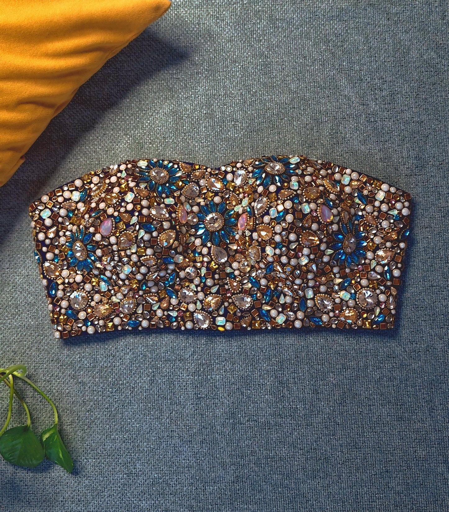 Hand Embroidered Bejeweled Blue Blouse, Kundan Embellished, Strapless Bralette