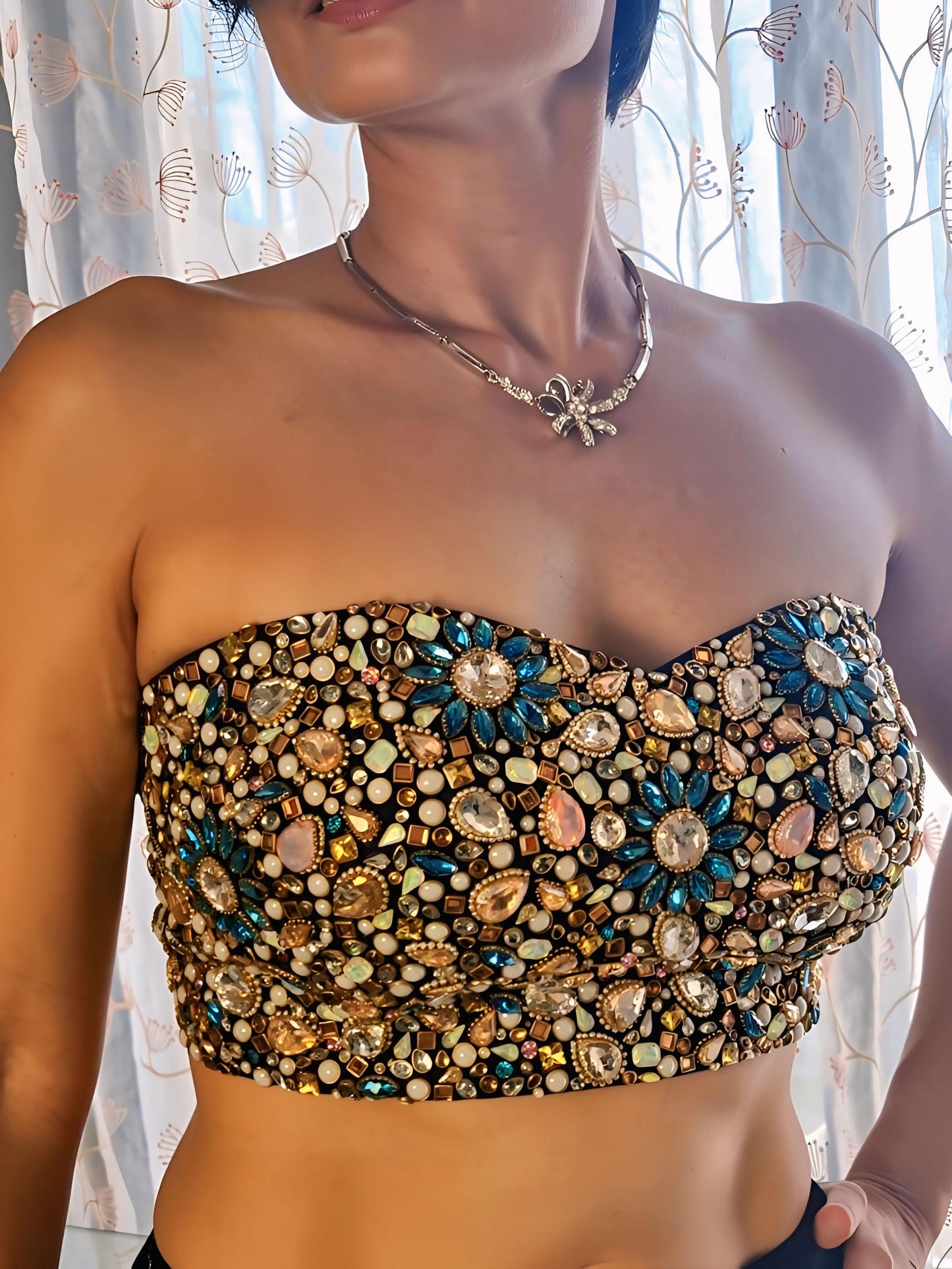 Hand Embroidered Bejeweled Blue Blouse, Kundan Embellished, Strapless Bralette