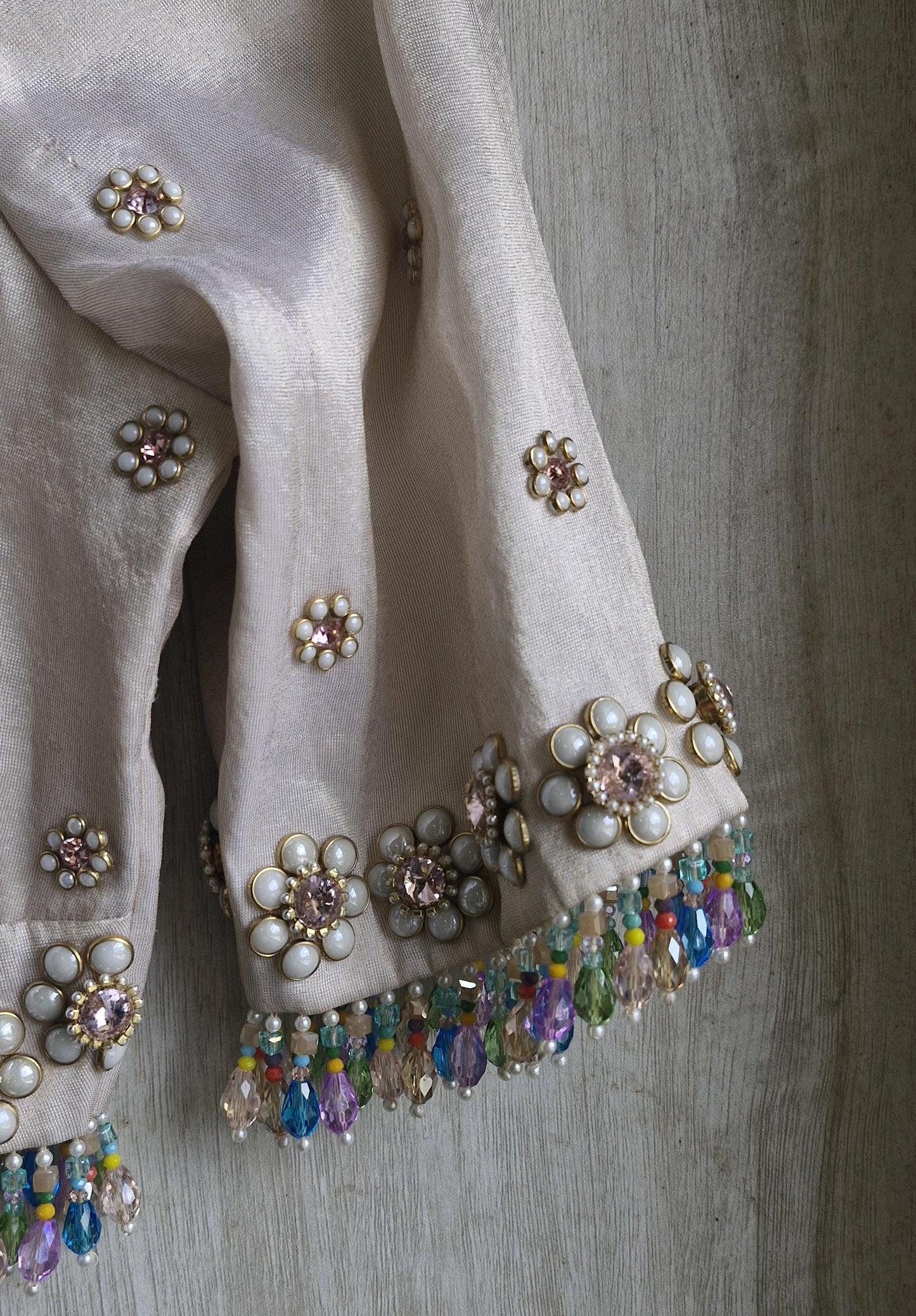 Hand Embroidered Ivory Bejeweled Blouse, Kundan and Beads Embellished, Elbow Sleeves