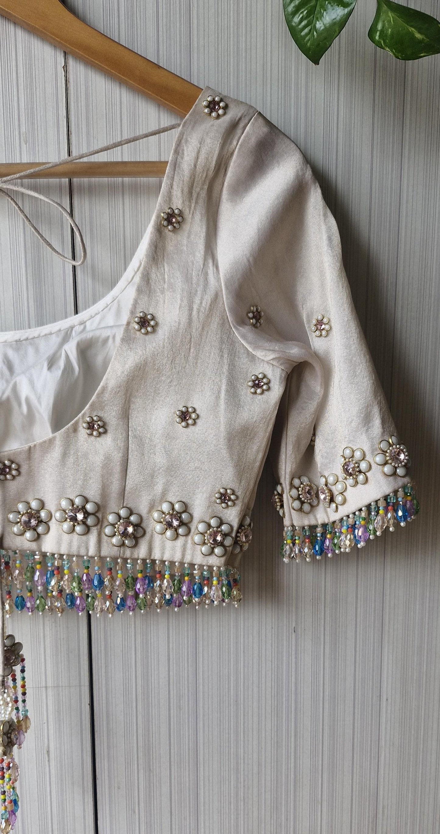 Hand Embroidered Ivory Bejeweled Blouse, Kundan and Beads Embellished, Elbow Sleeves