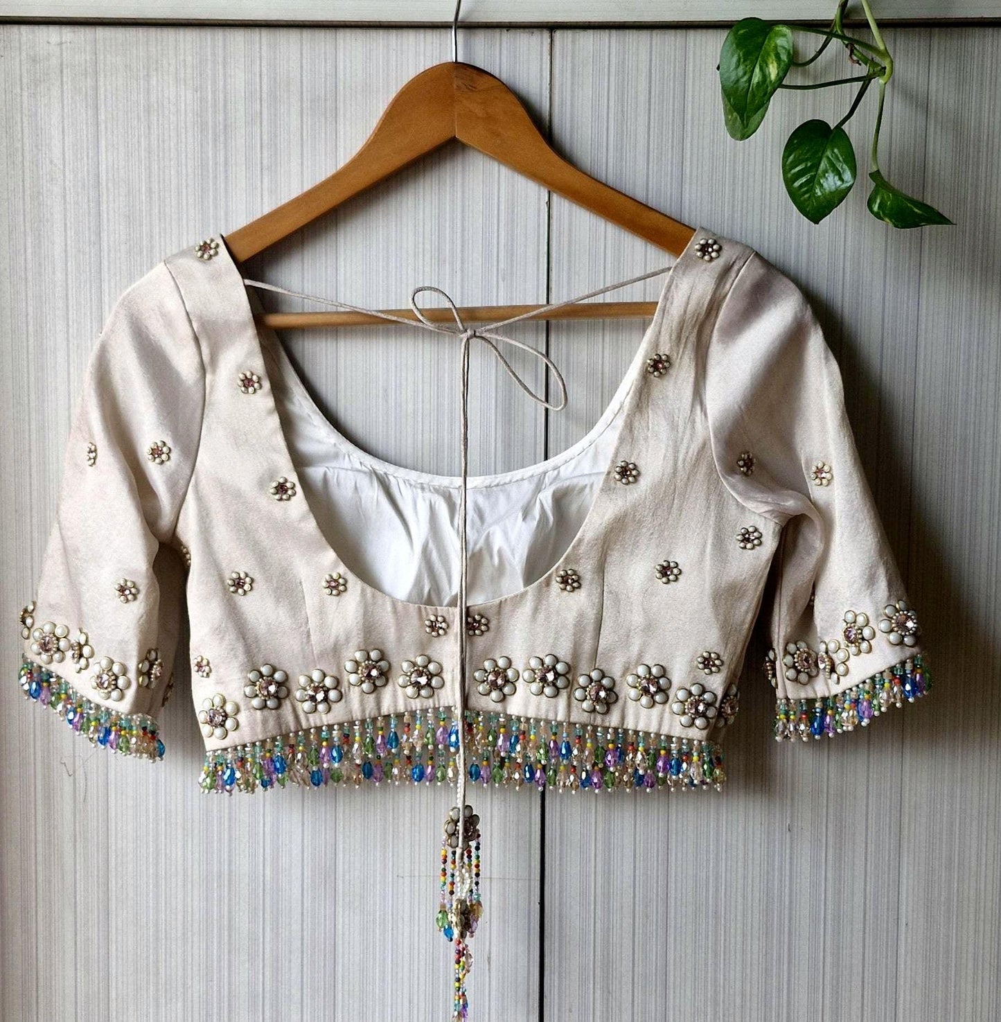 Hand Embroidered Ivory Bejeweled Blouse, Kundan and Beads Embellished, Elbow Sleeves