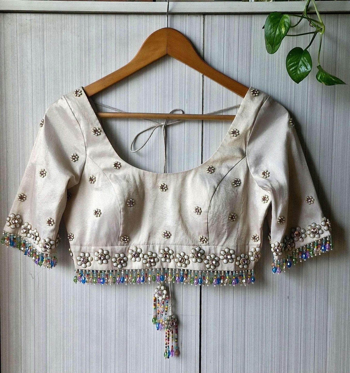 Hand Embroidered Ivory Bejeweled Blouse, Kundan and Beads Embellished, Elbow Sleeves