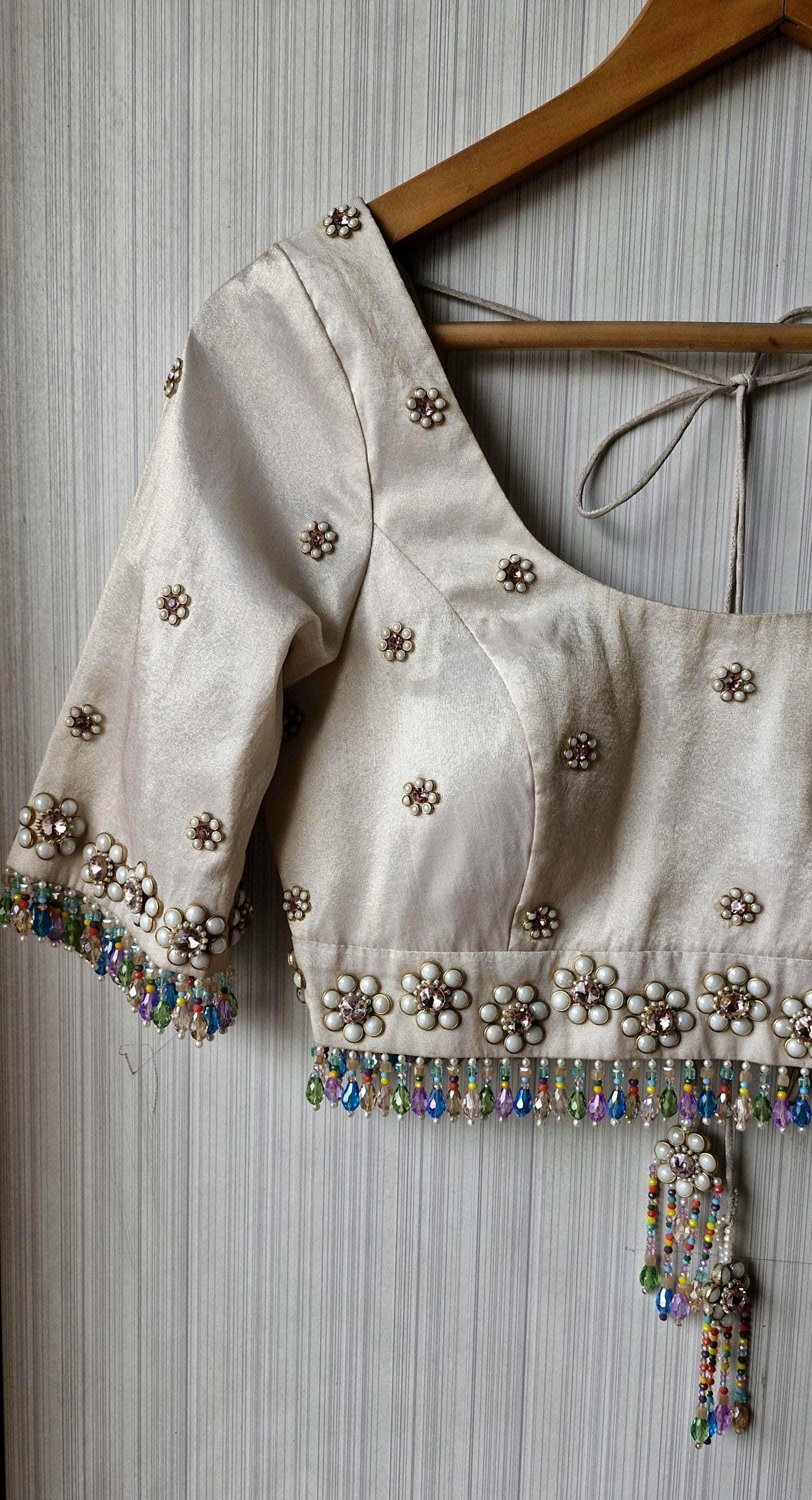 Hand Embroidered Ivory Bejeweled Blouse, Kundan and Beads Embellished, Elbow Sleeves