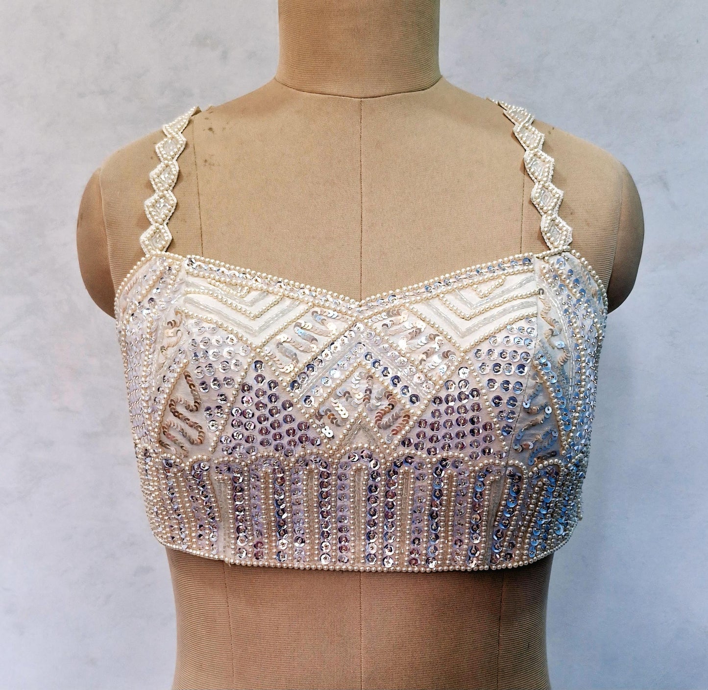 Hand Embroidered Ivory Raw Silk Blouse, Beads and Sequins Embroidered