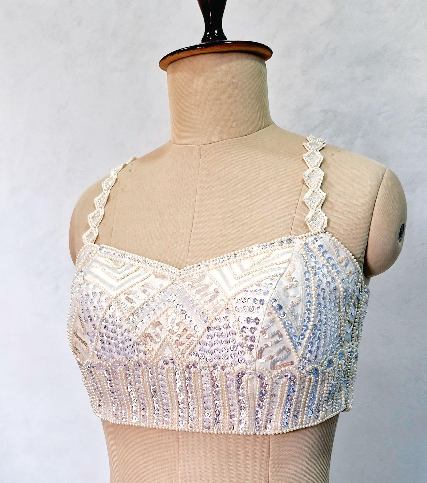 Hand Embroidered Ivory Raw Silk Blouse, Beads and Sequins Embroidered