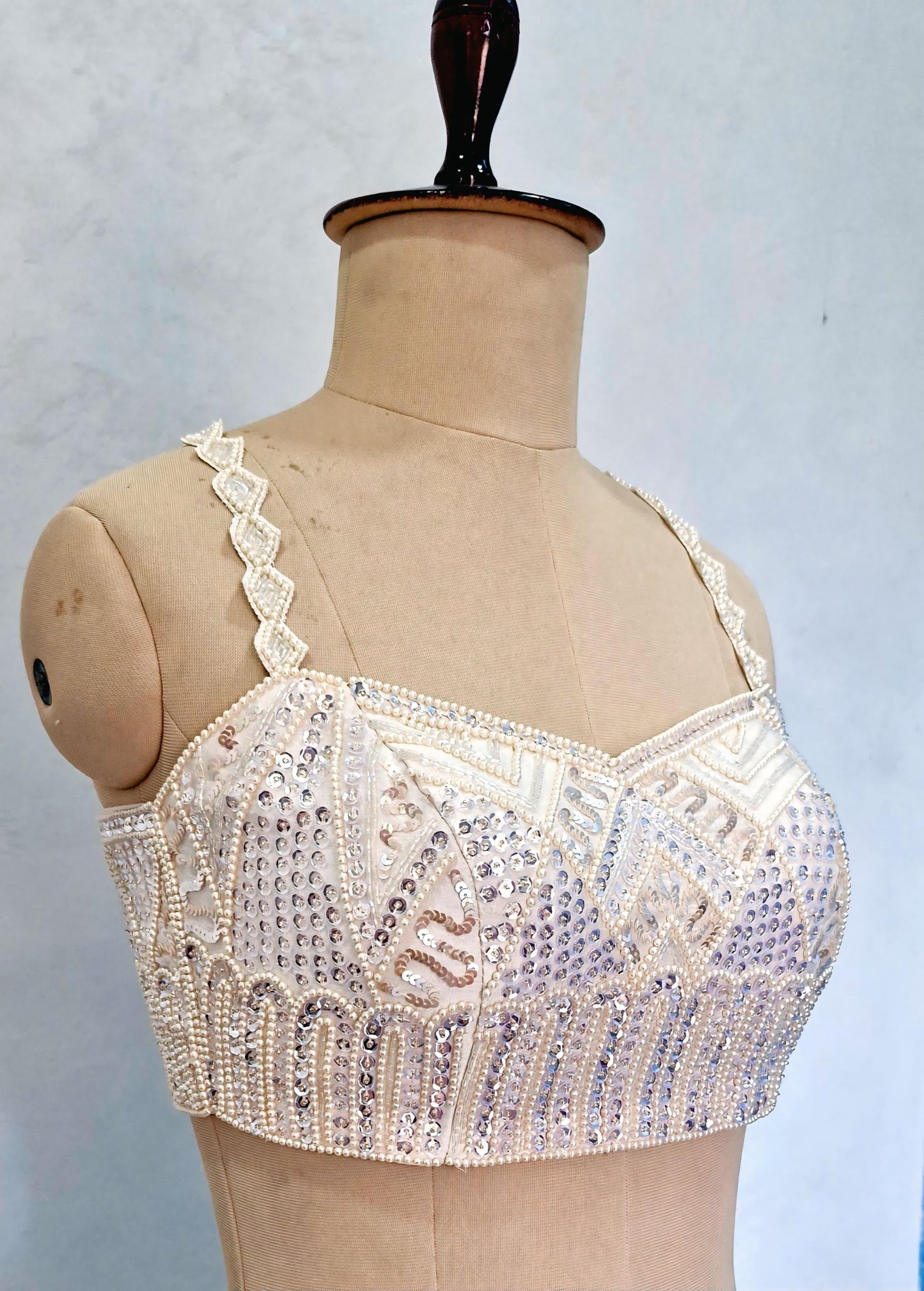 Hand Embroidered Ivory Raw Silk Blouse, Beads and Sequins Embroidered