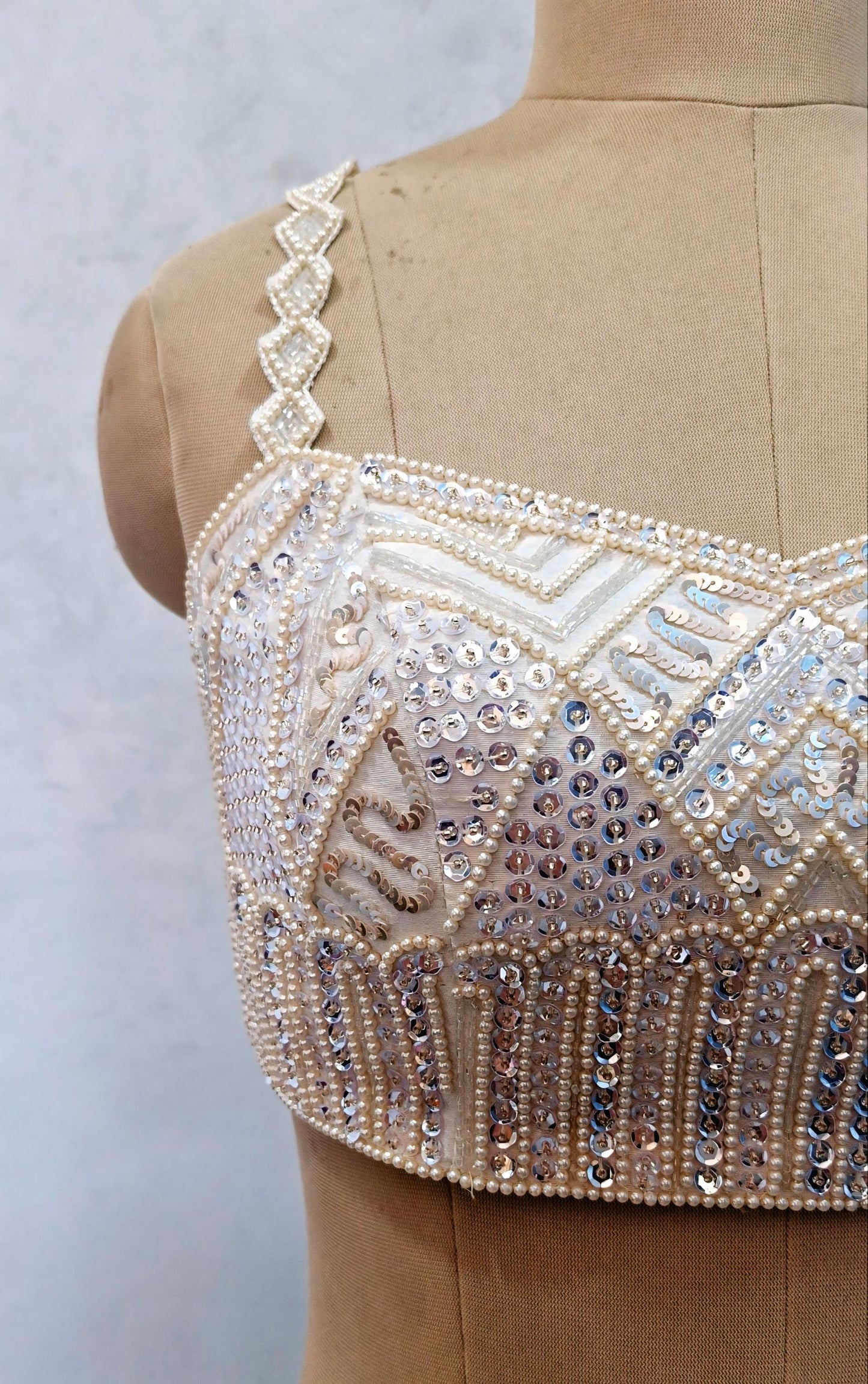 Hand Embroidered Ivory Raw Silk Blouse, Beads and Sequins Embroidered