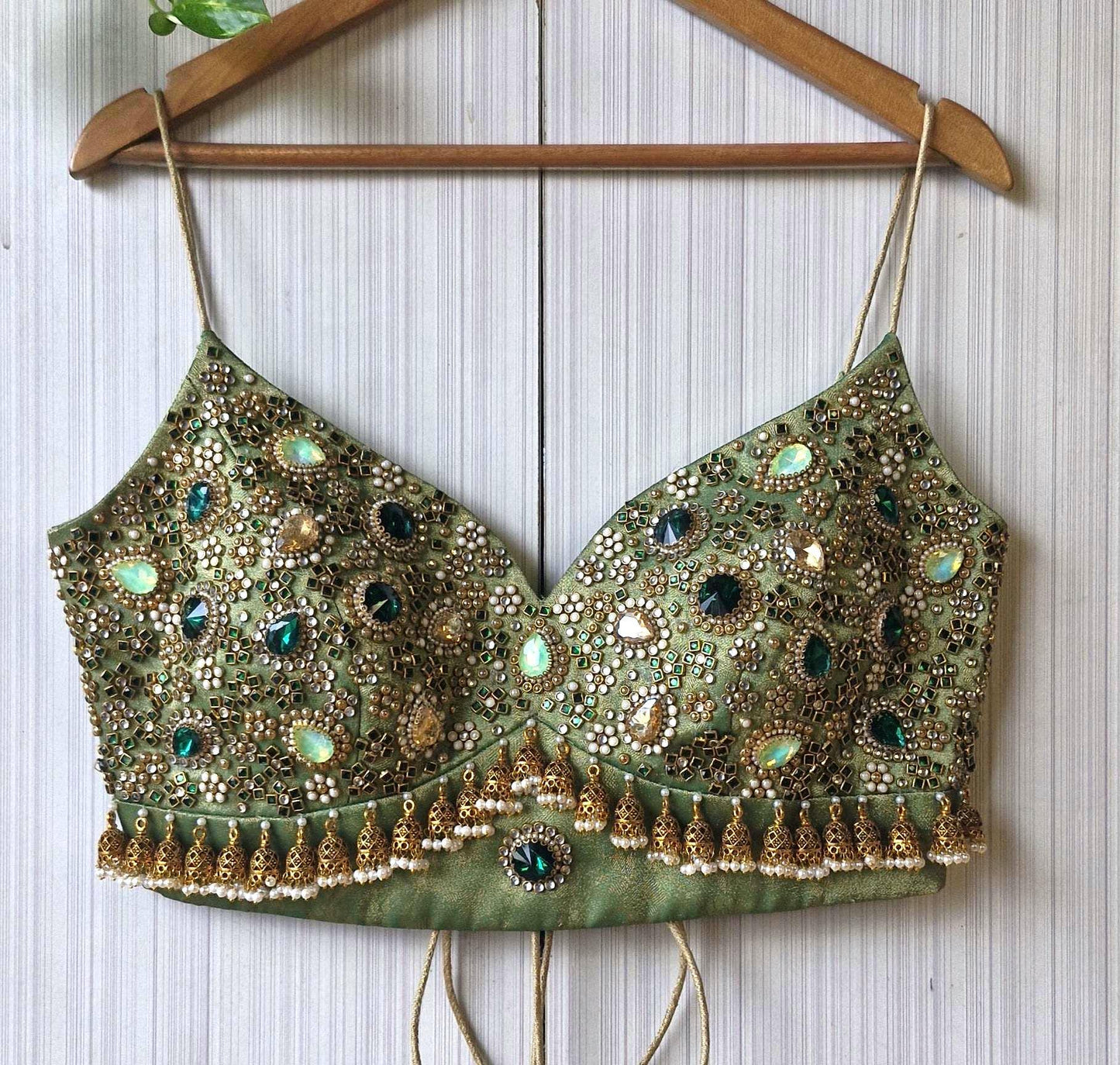 Hand Embroidered Green Blouse, Kundan Embellishment, Bejeweled Bralette