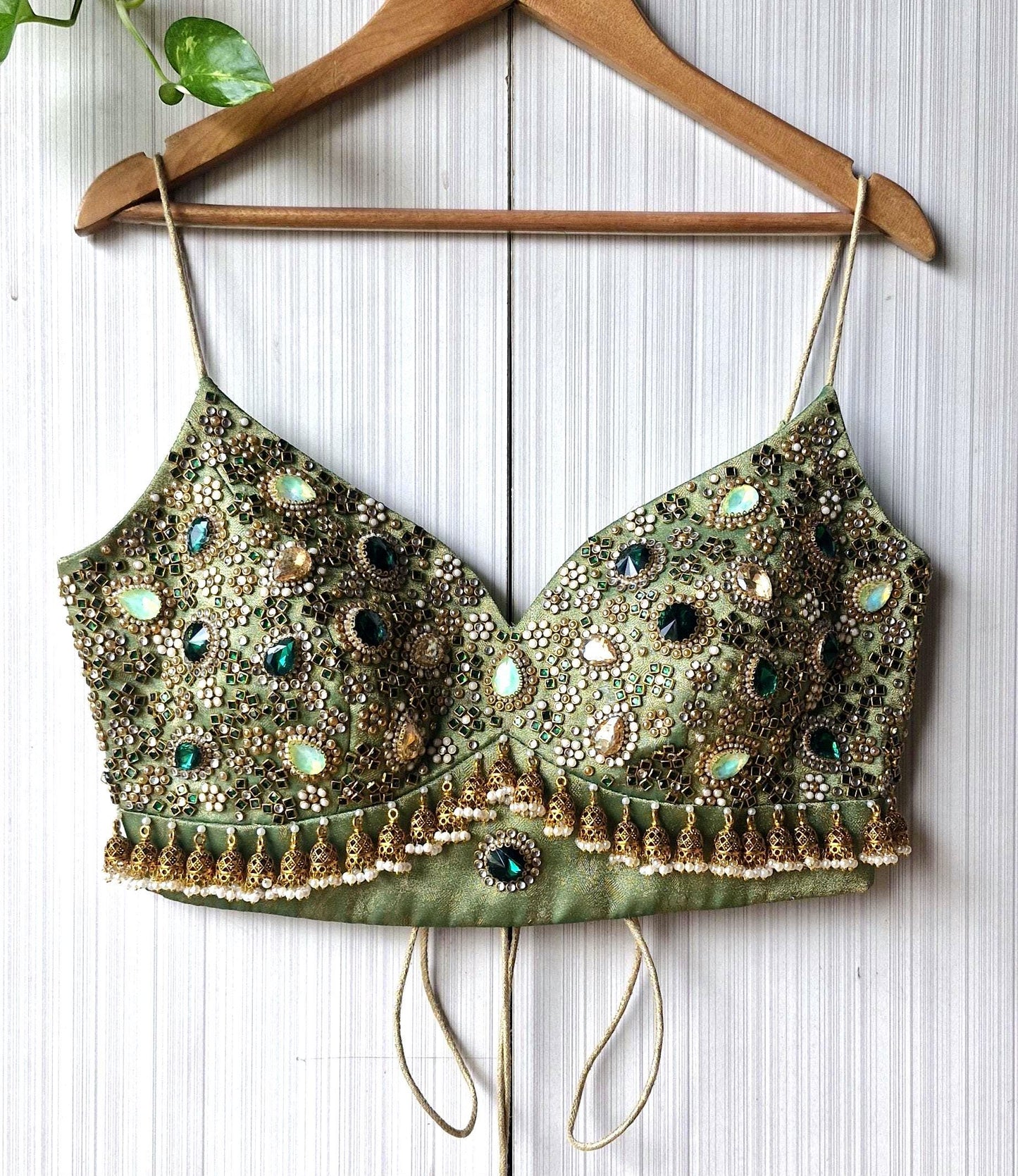 Hand Embroidered Green Blouse, Kundan Embellishment, Bejeweled Bralette