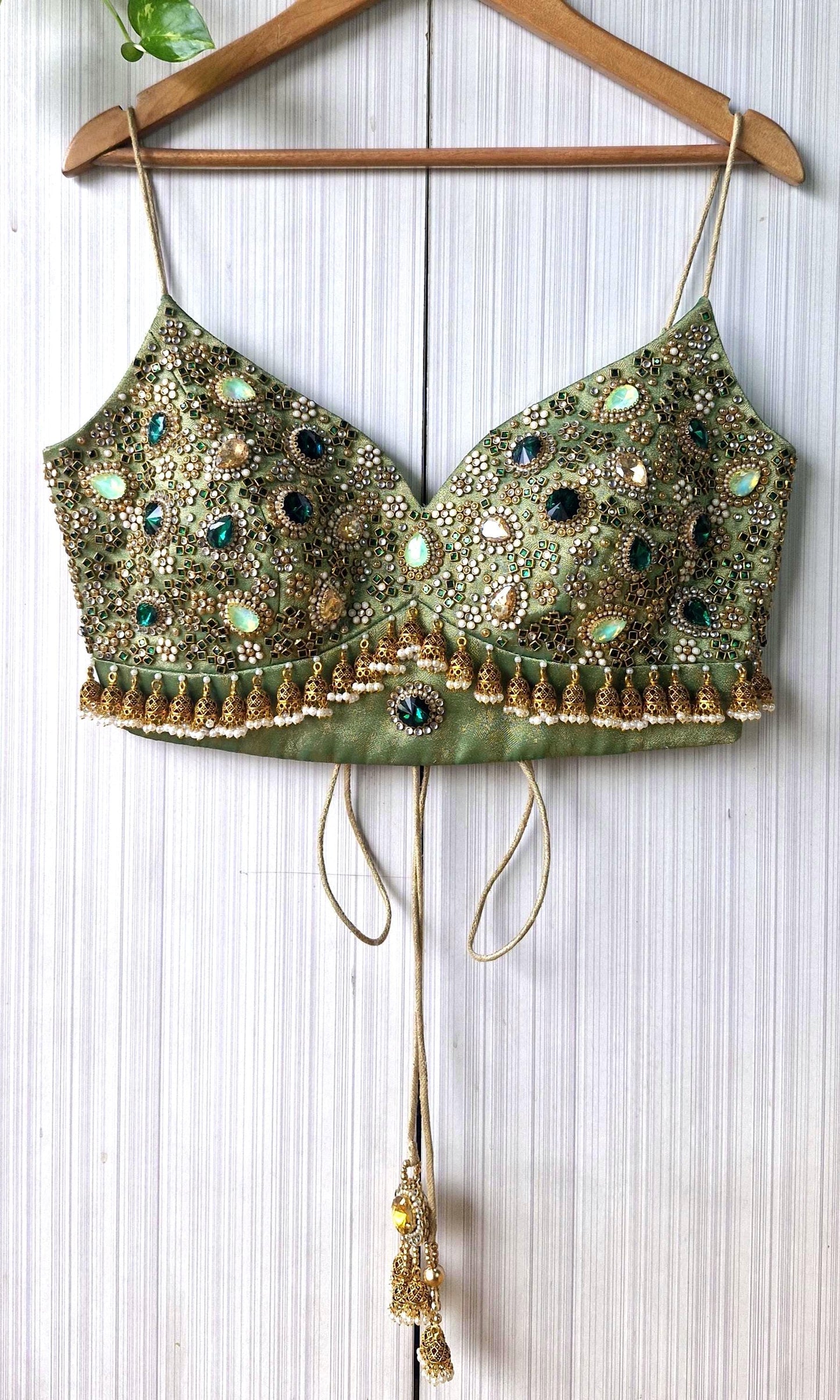 Hand Embroidered Green Blouse, Kundan Embellishment, Bejeweled Bralette