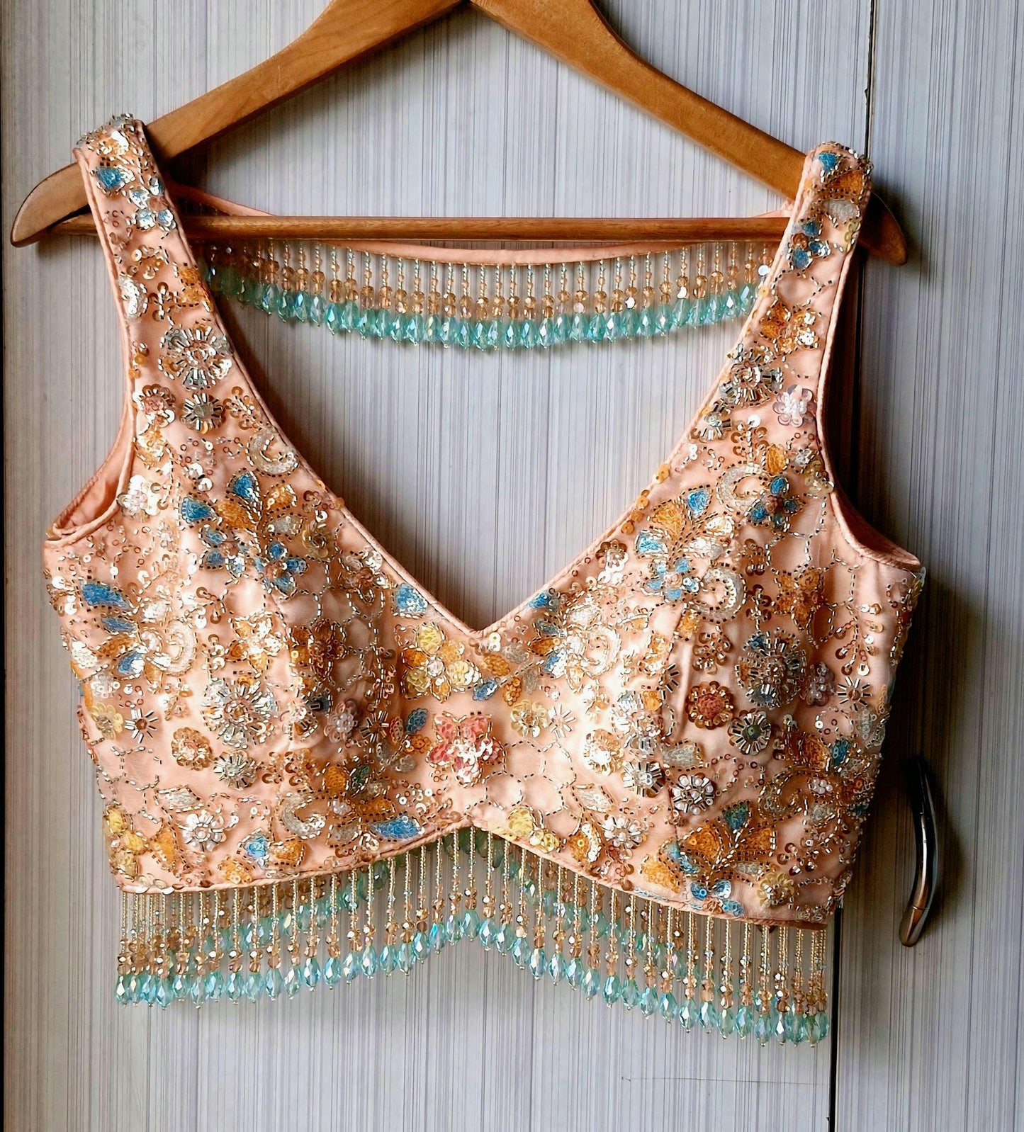Peach Embroidered Net Blouse, Beads Fringes, Deep V Neck