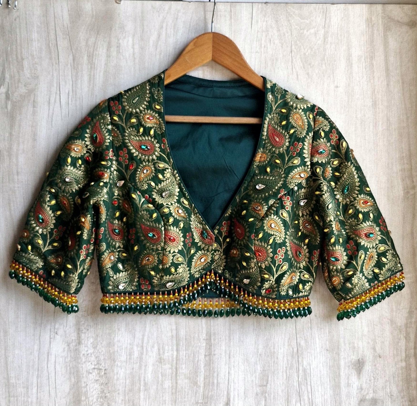 Green Brocade DeepV Neck Blouse, Kundan Embellished, Beads Fringes
