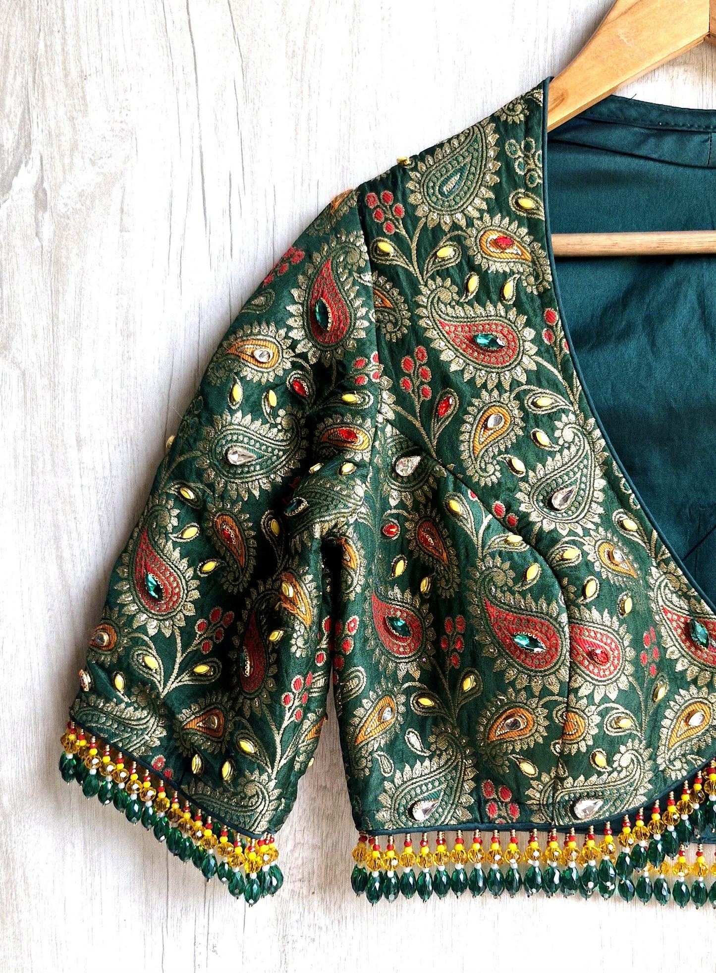 Green Brocade DeepV Neck Blouse, Kundan Embellished, Beads Fringes