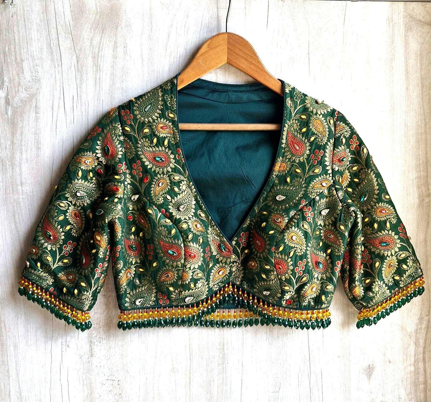 Green Brocade DeepV Neck Blouse, Kundan Embellished, Beads Fringes