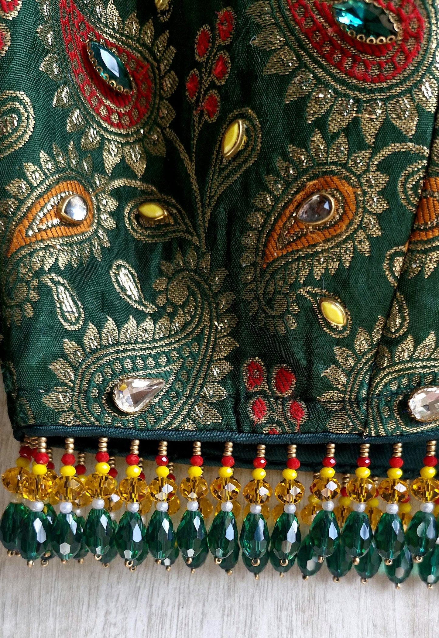 Green Brocade DeepV Neck Blouse, Kundan Embellished, Beads Fringes