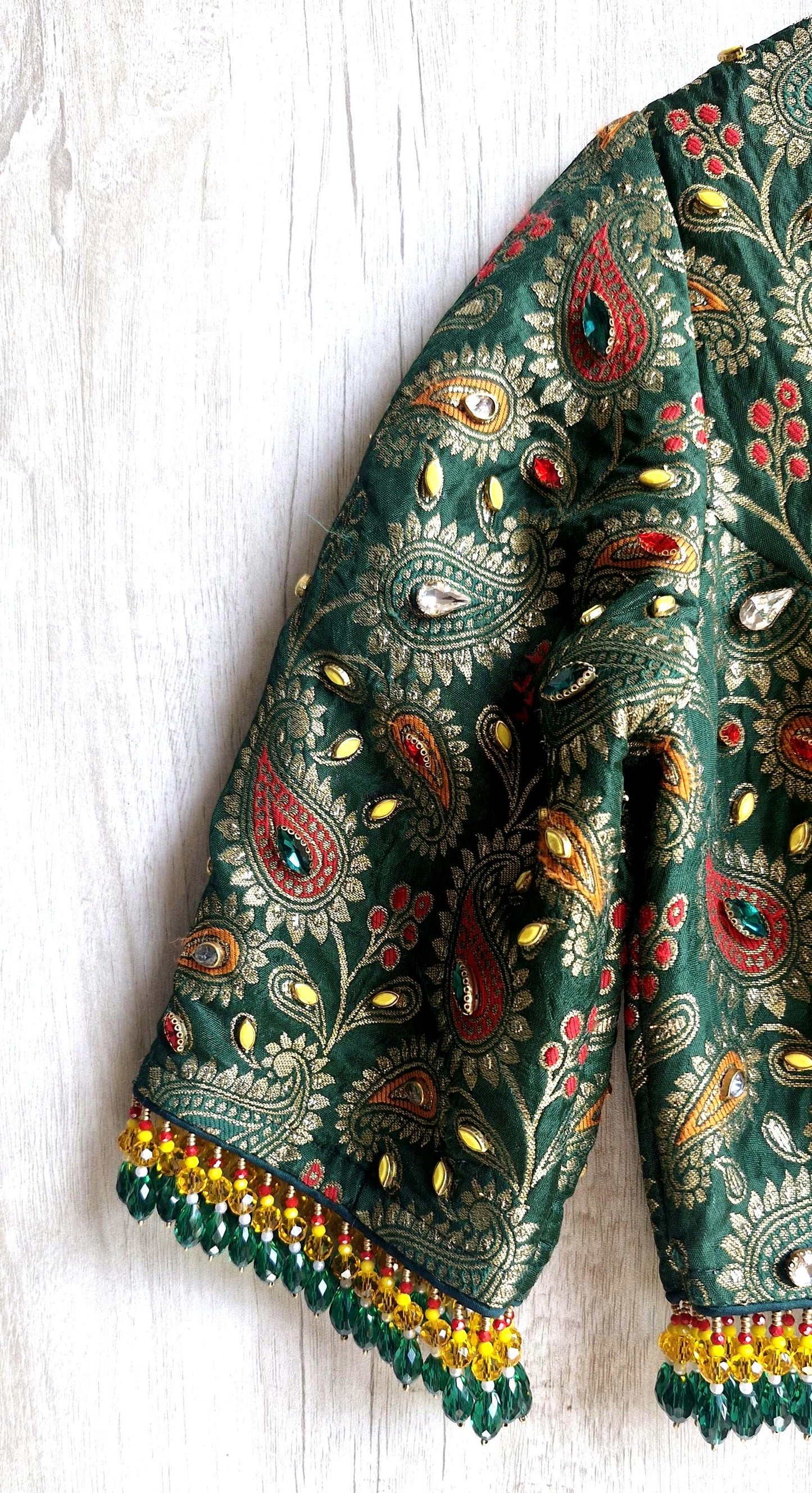 Green Brocade DeepV Neck Blouse, Kundan Embellished, Beads Fringes