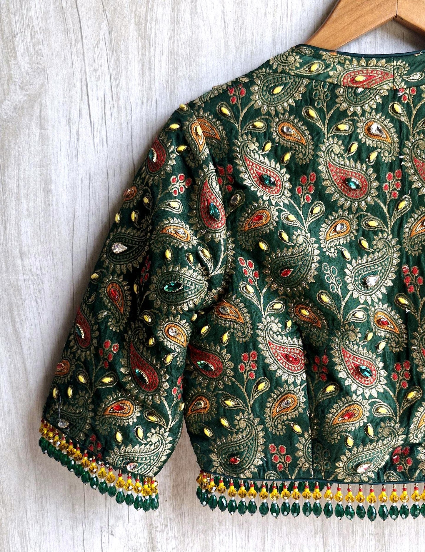 Green Brocade DeepV Neck Blouse, Kundan Embellished, Beads Fringes