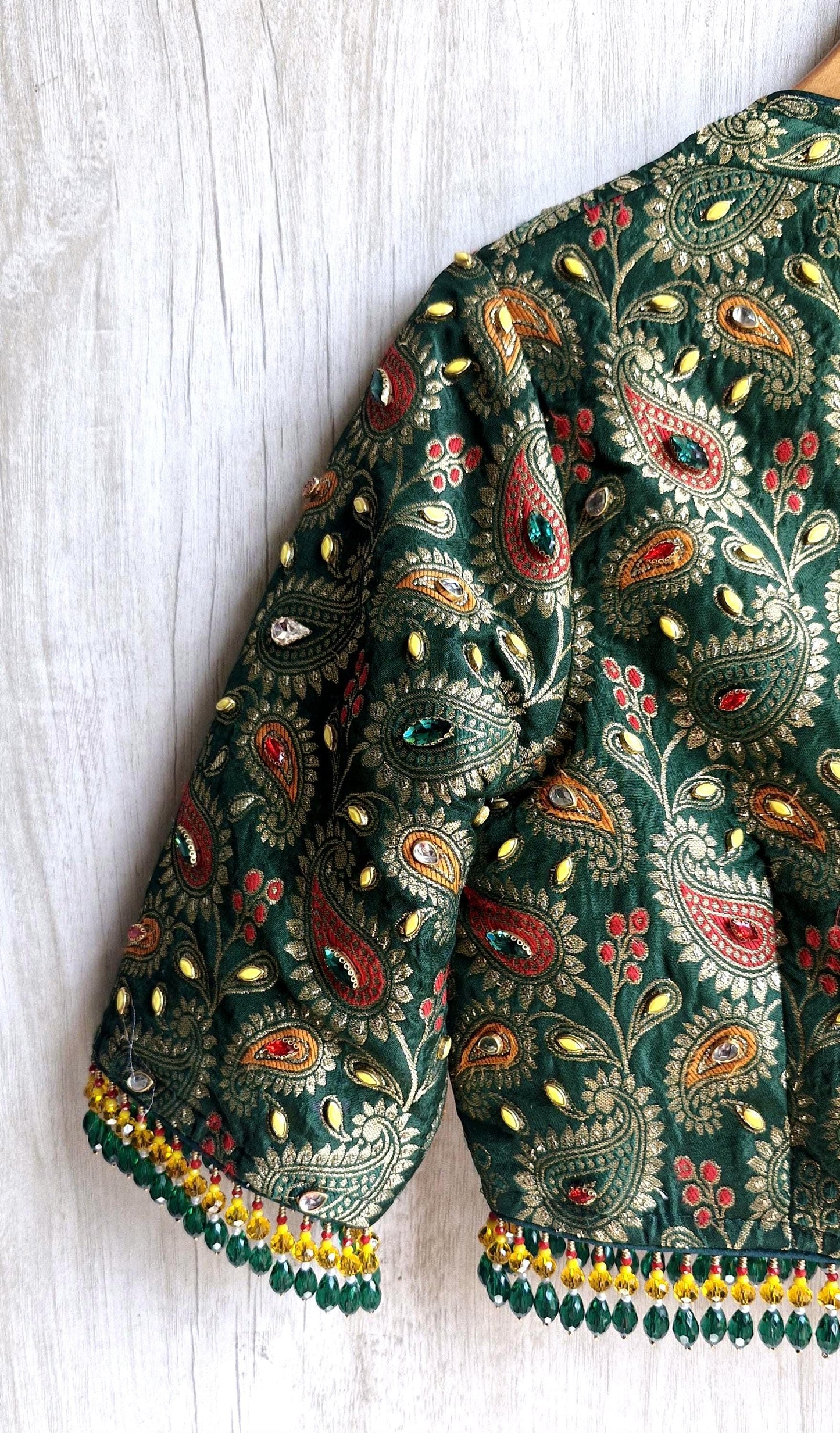 Green Brocade DeepV Neck Blouse, Kundan Embellished, Beads Fringes