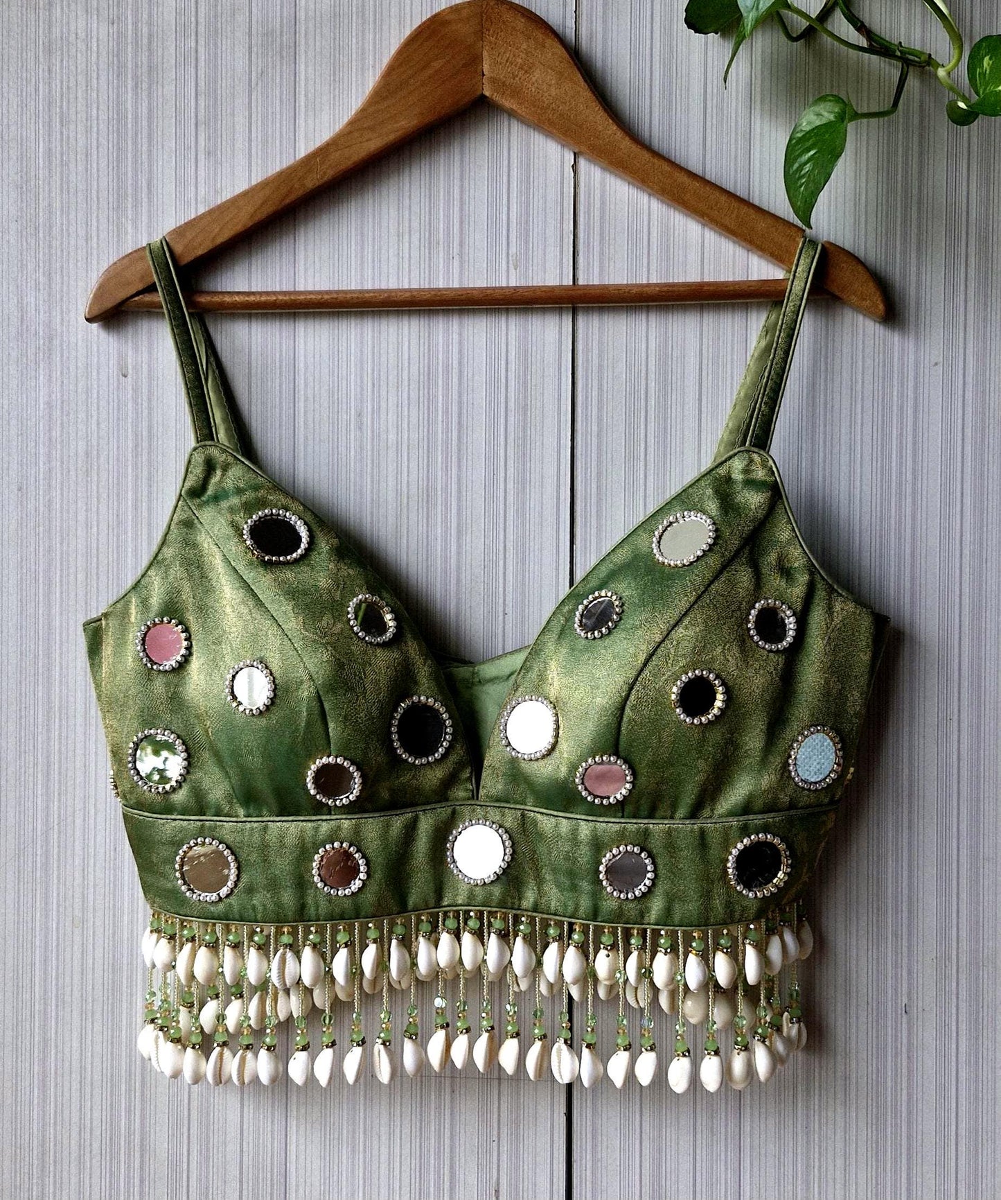 Hand Embroidered Sage Green Blouse, Mirror, Shells Embellishment, Plunge