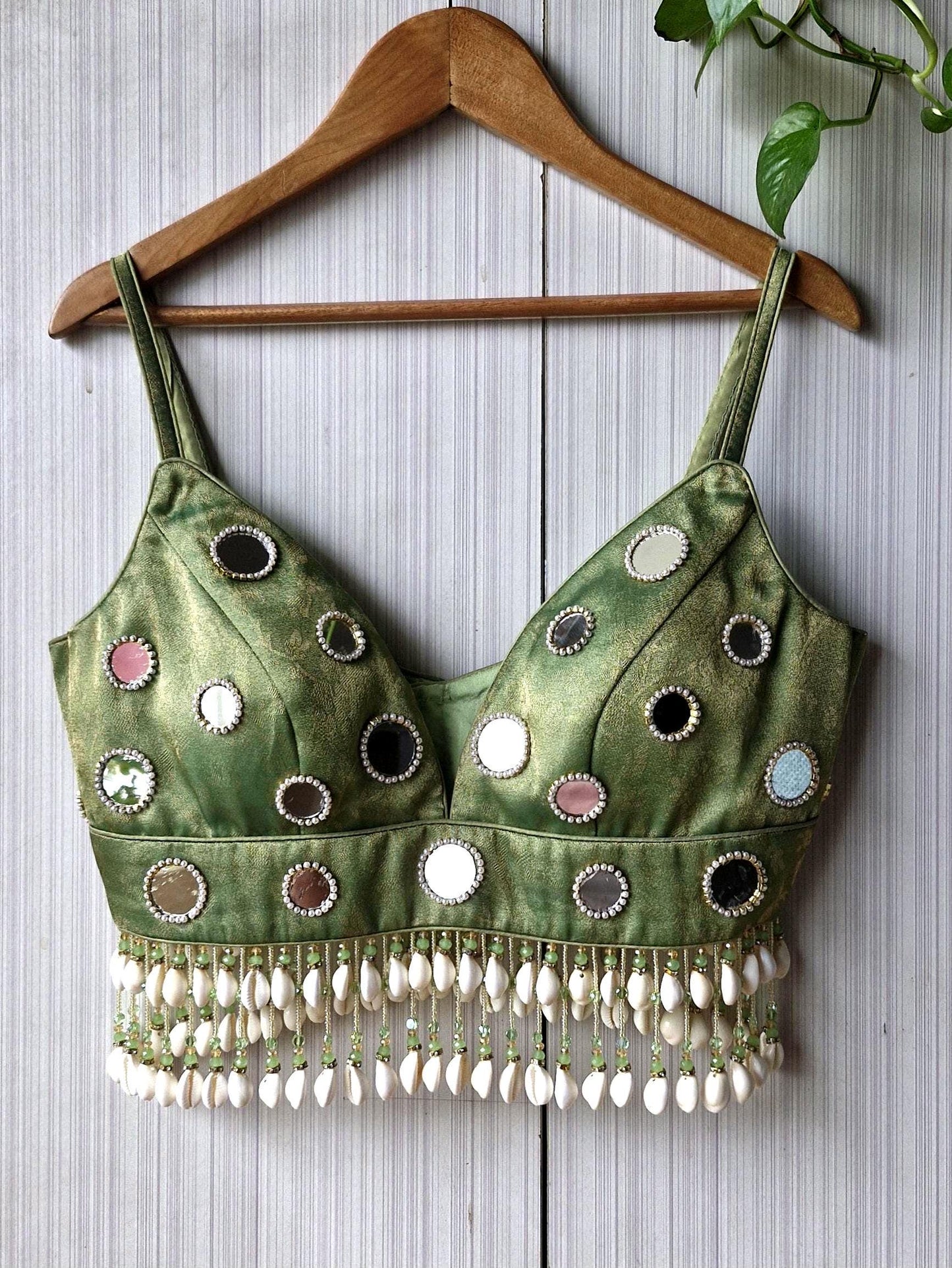 Hand Embroidered Sage Green Blouse, Mirror, Shells Embellishment, Plunge