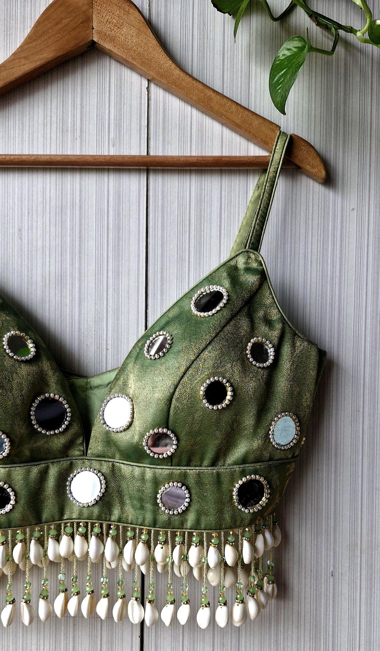 Hand Embroidered Sage Green Blouse, Mirror, Shells Embellishment, Plunge