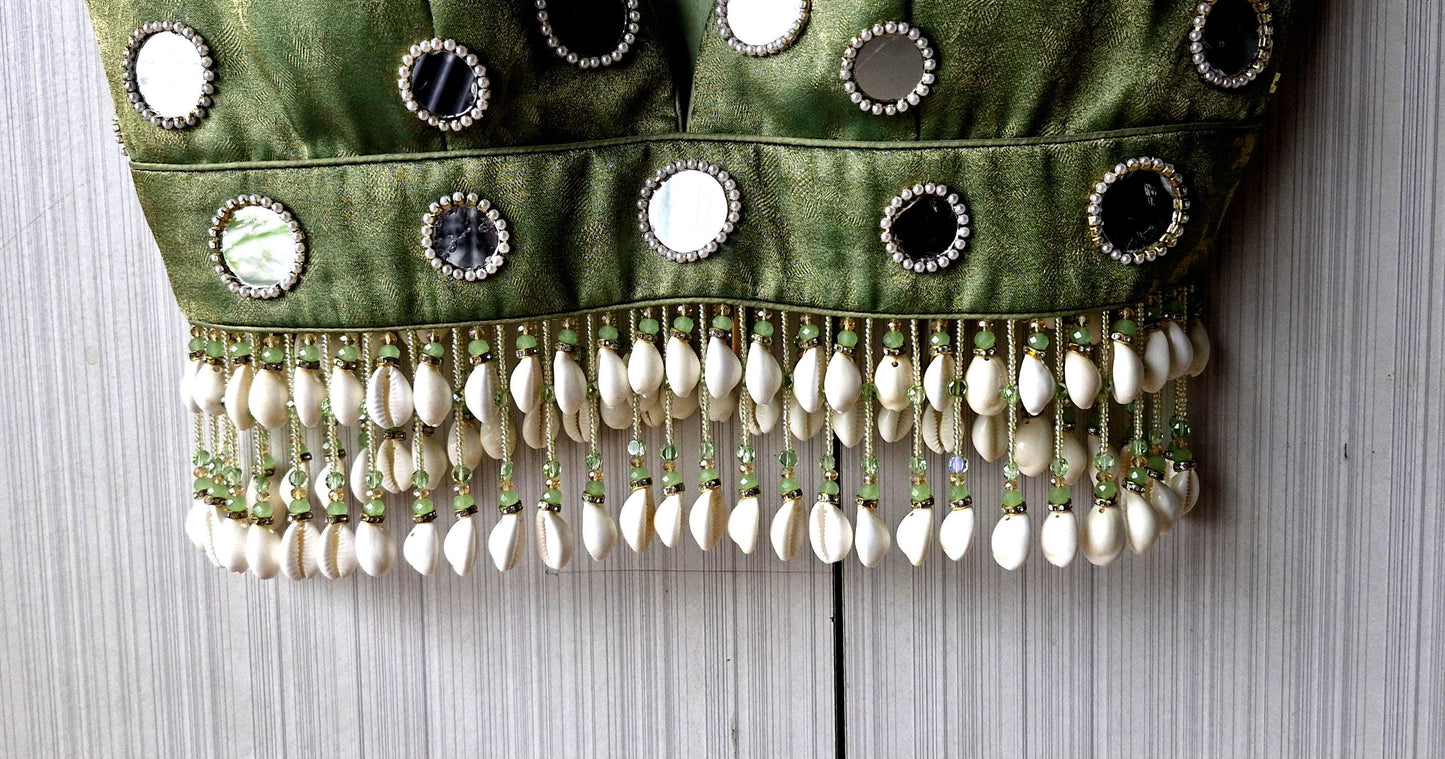 Hand Embroidered Sage Green Blouse, Mirror, Shells Embellishment, Plunge
