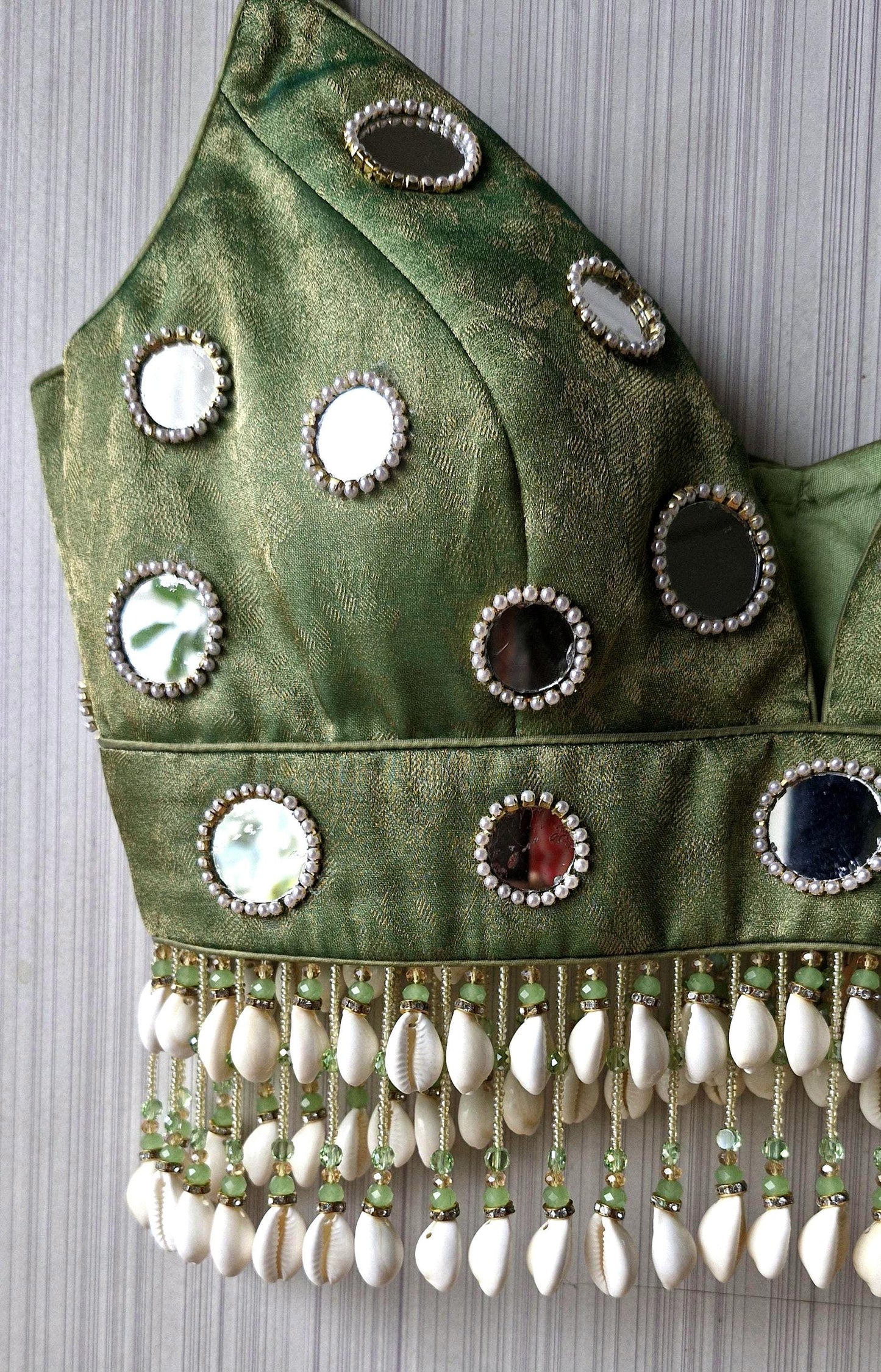 Hand Embroidered Sage Green Blouse, Mirror, Shells Embellishment, Plunge