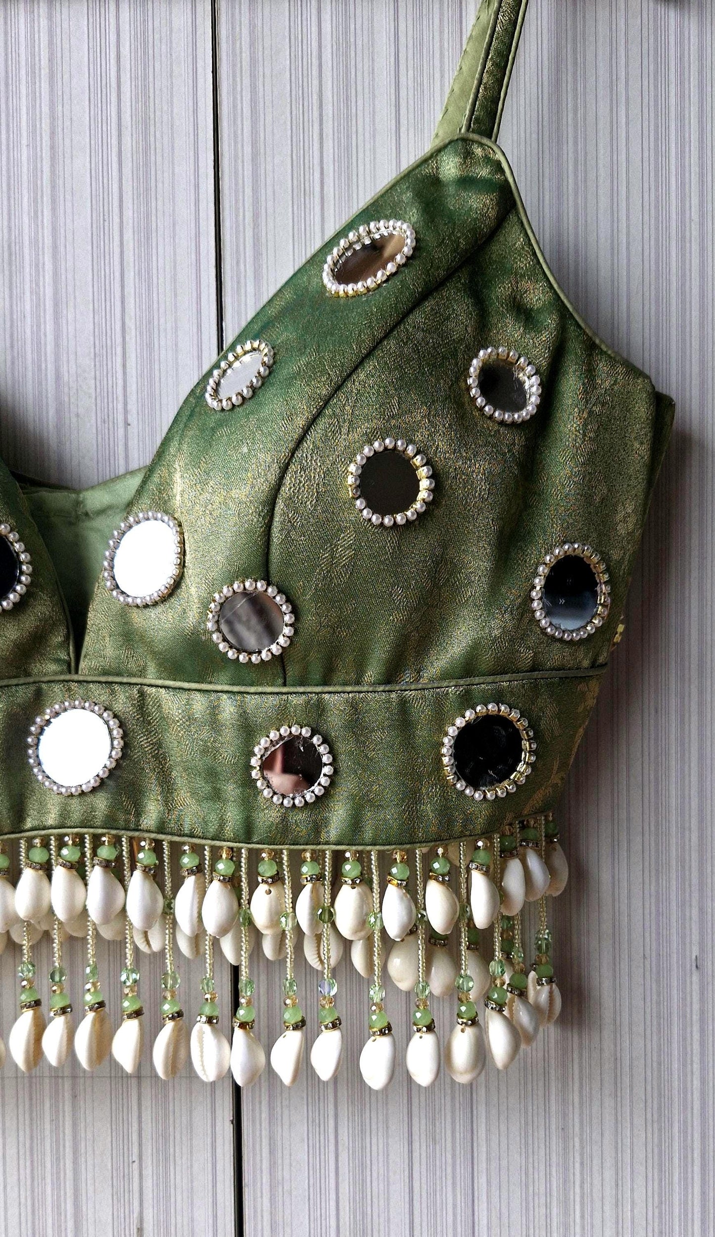 Hand Embroidered Sage Green Blouse, Mirror, Shells Embellishment, Plunge