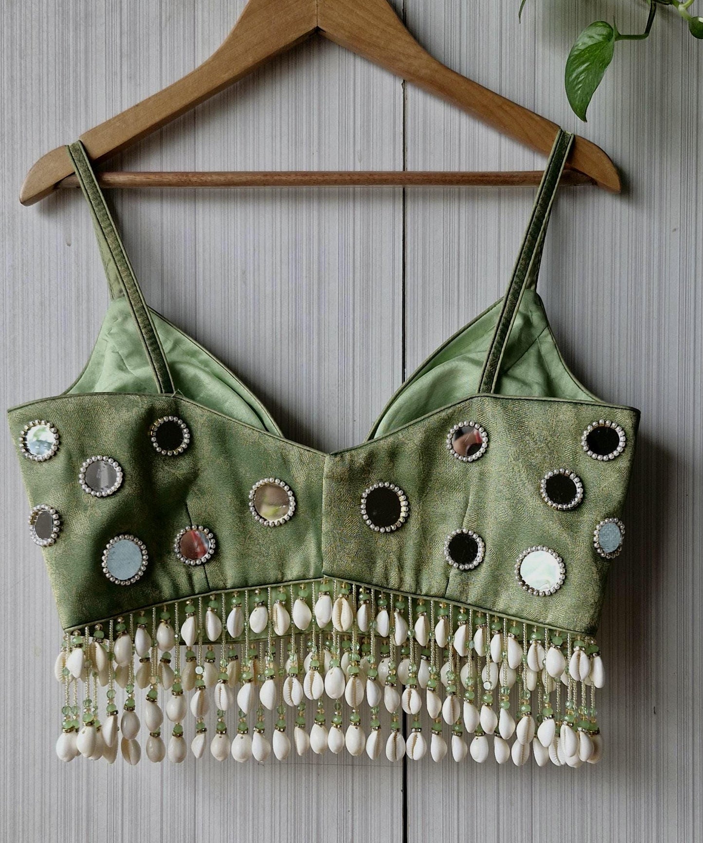 Hand Embroidered Sage Green Blouse, Mirror, Shells Embellishment, Plunge