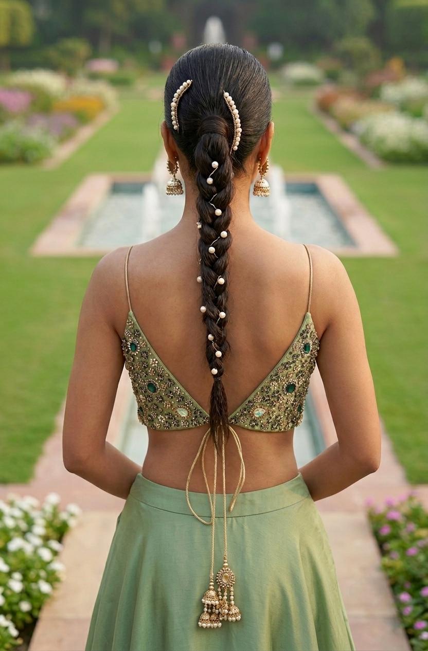Hand Embroidered Green Blouse, Kundan Embellishment, Bejeweled Bralette