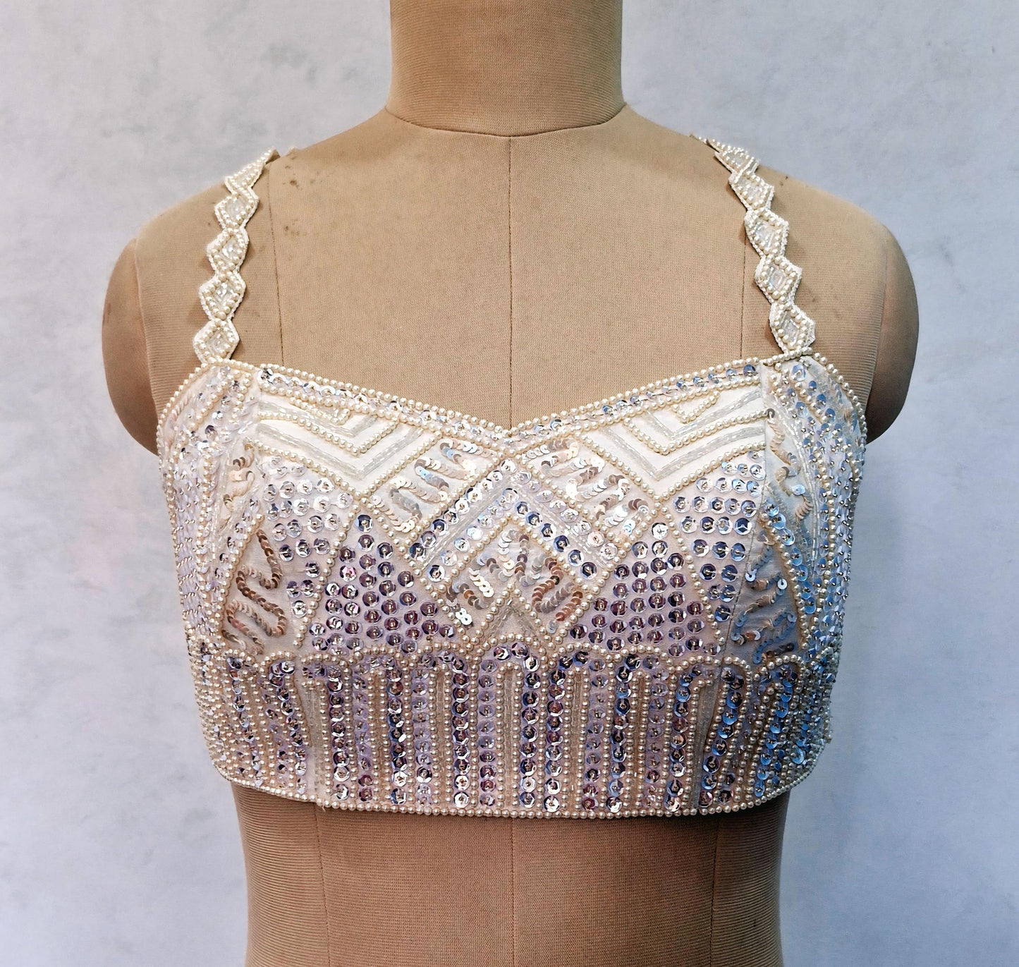Hand Embroidered Ivory Raw Silk Blouse, Beads and Sequins Embroidered