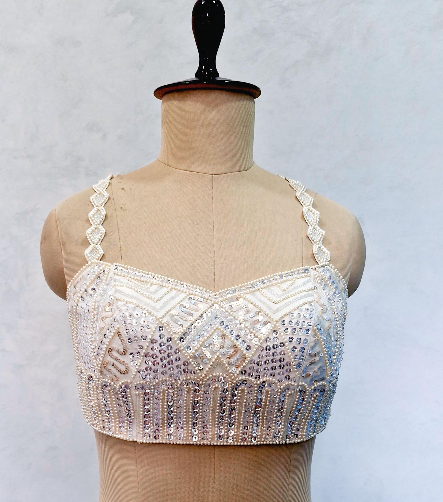 Hand Embroidered Ivory Raw Silk Blouse, Beads and Sequins Embroidered