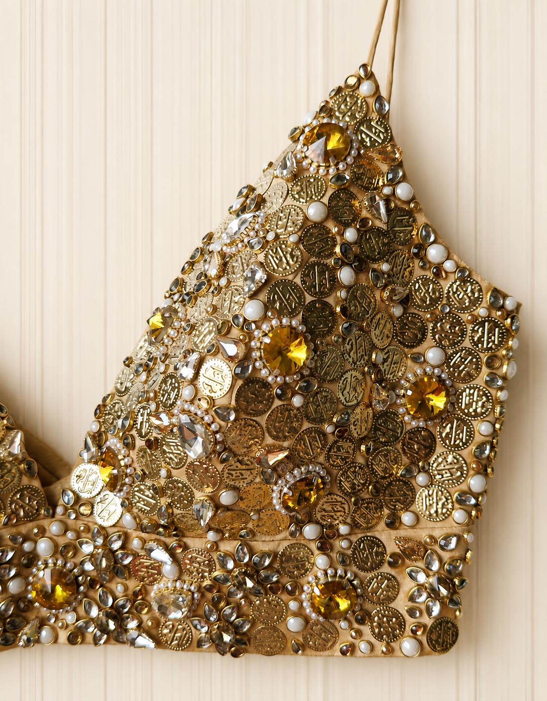 Hand Embroidered Gold Bejeweled Blouse, Kundan Embellished Spaghetti