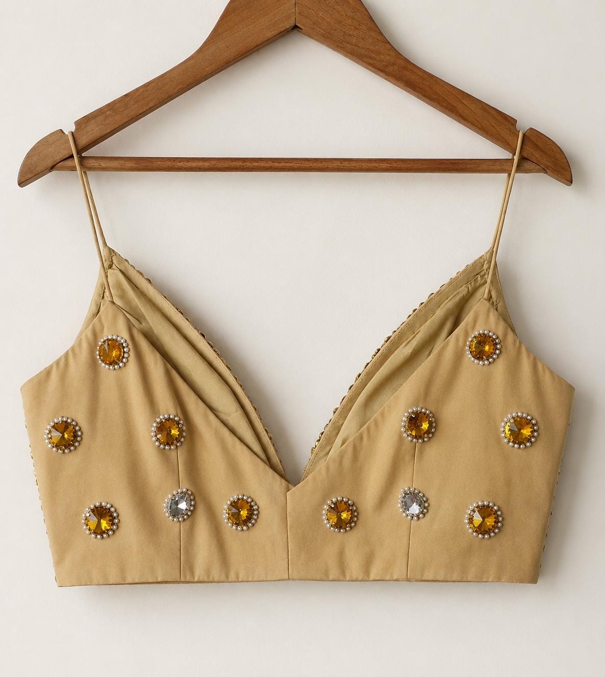 Hand Embroidered Gold Bejeweled Blouse, Kundan Embellished Spaghetti