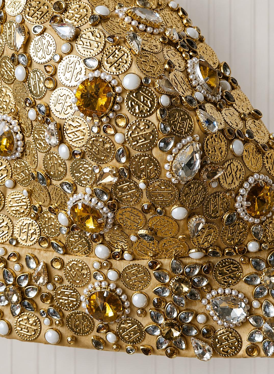 Hand Embroidered Gold Bejeweled Blouse, Kundan Embellished Spaghetti