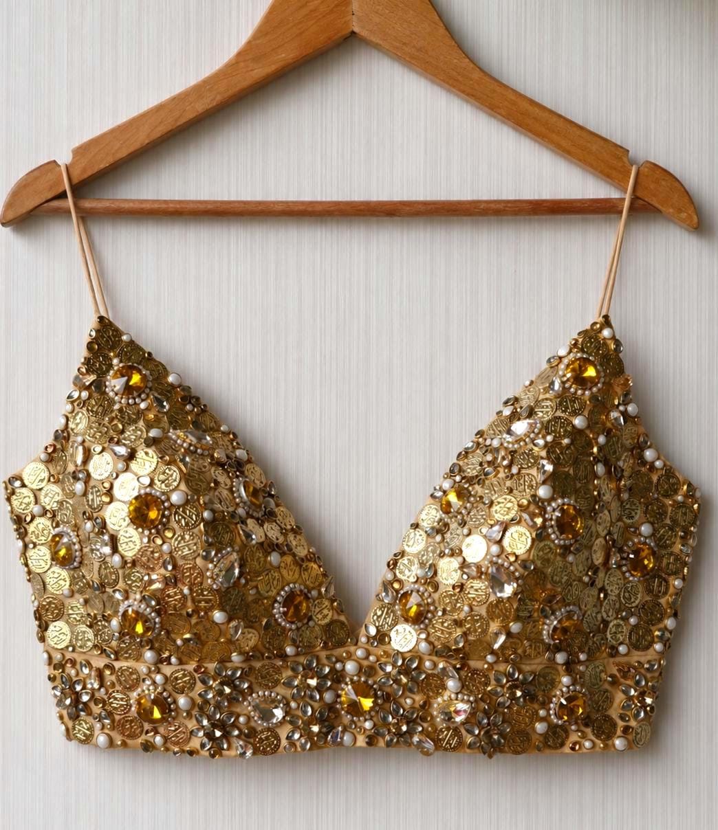 Hand Embroidered Gold Bejeweled Blouse, Kundan Embellished Spaghetti