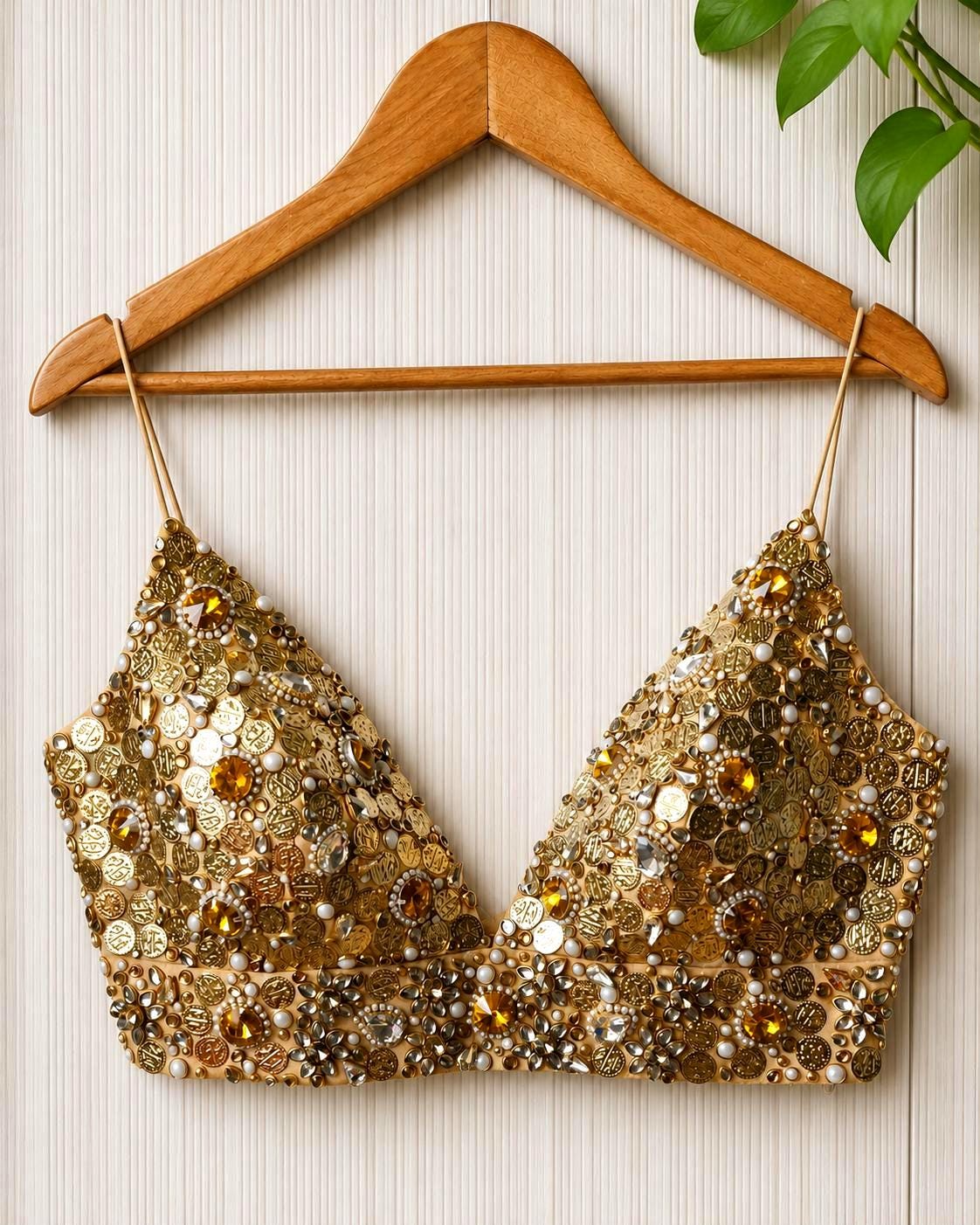 Hand Embroidered Gold Bejeweled Blouse, Kundan Embellished Spaghetti
