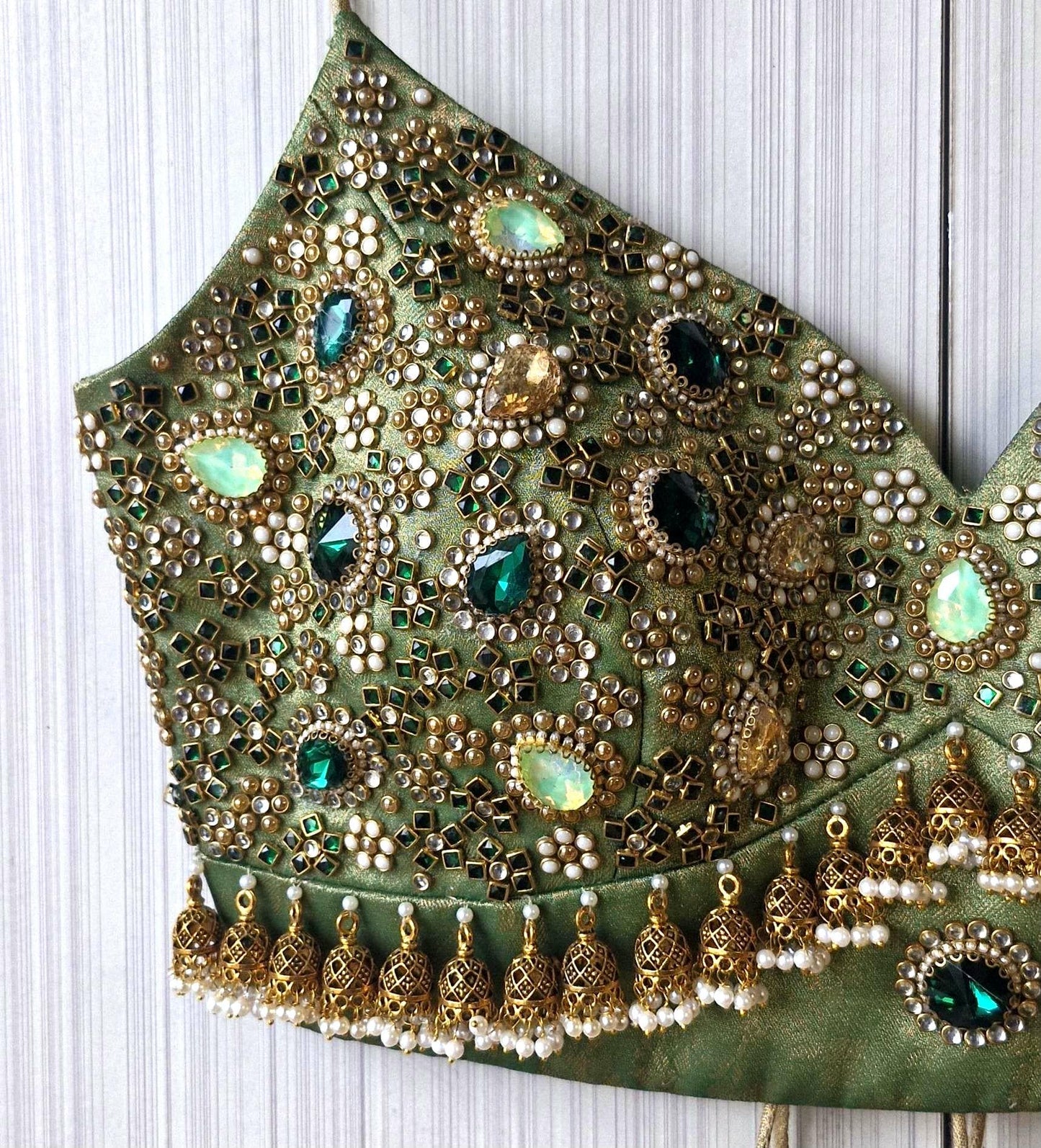 Hand Embroidered Green Blouse, Kundan Embellishment, Bejeweled Bralette
