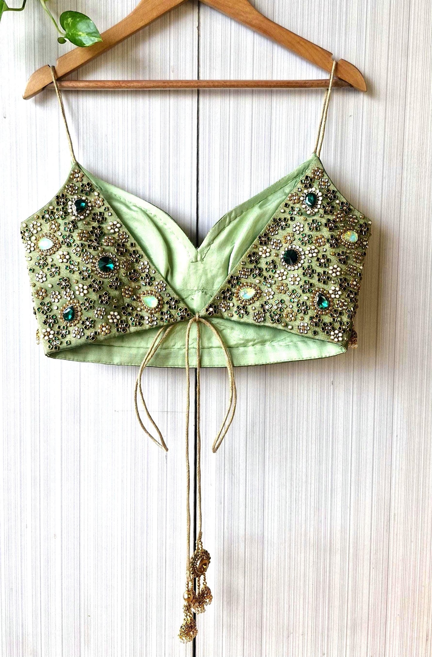 Hand Embroidered Green Blouse, Kundan Embellishment, Bejeweled Bralette