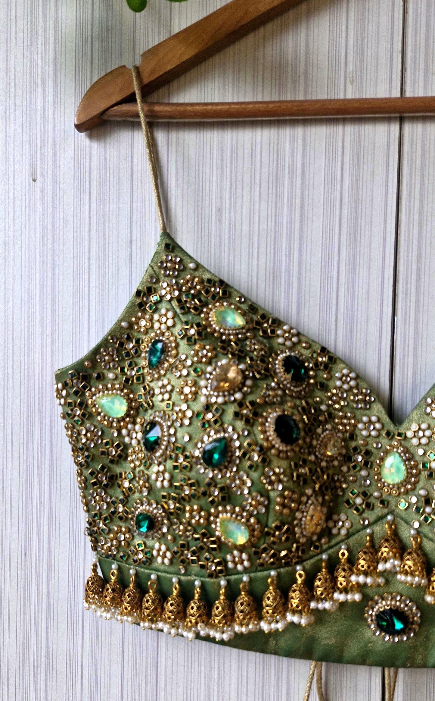 Hand Embroidered Green Blouse, Kundan Embellishment, Bejeweled Bralette