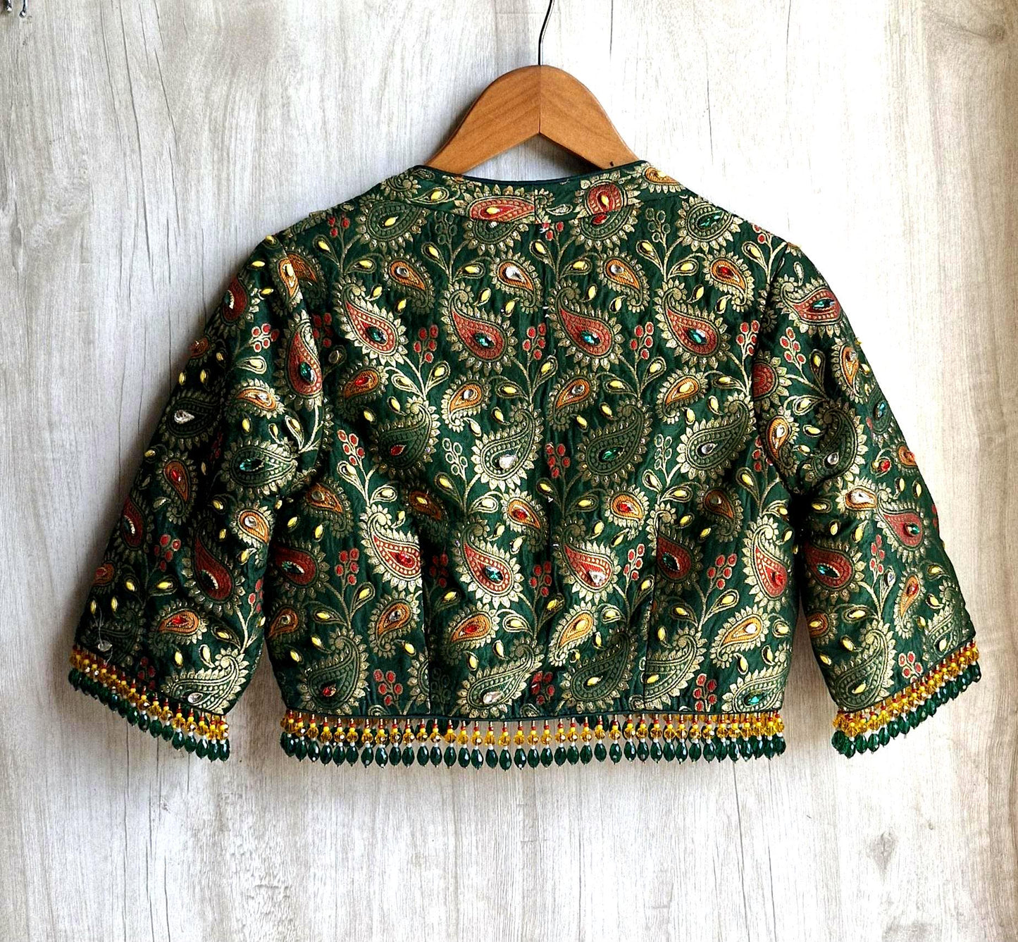 Green Brocade DeepV Neck Blouse, Kundan Embellished, Beads Fringes