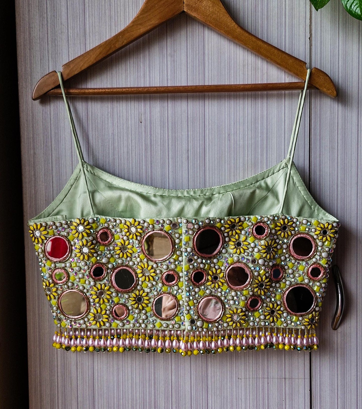 Hand Embroidered Mint Green Bejeweled Blouse, Mirror, Beads Embellished Silk Spaghetti DVBL_519