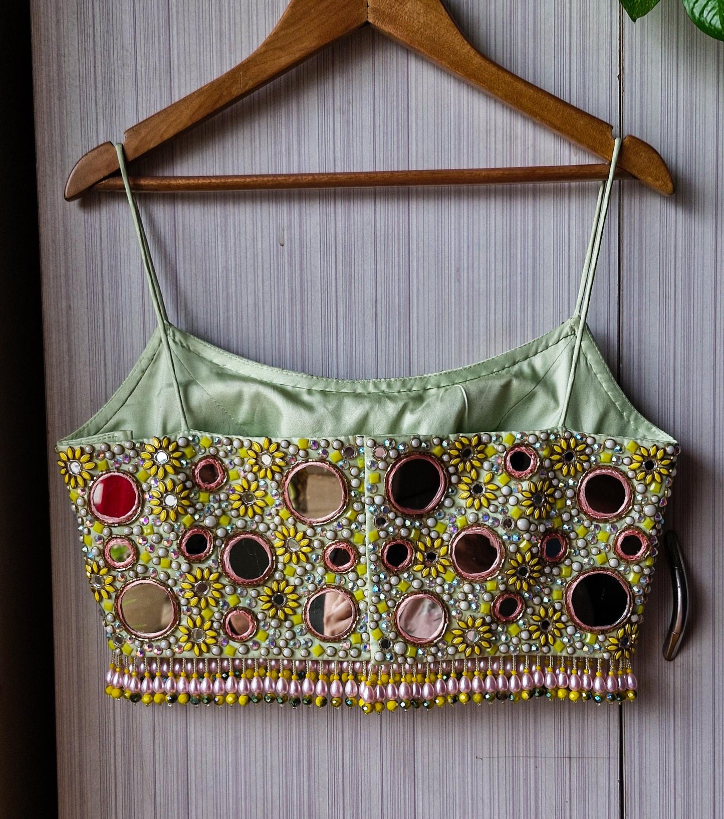 Hand Embroidered Mint Green Bejeweled Blouse, Mirror, Beads Embellished Silk Spaghetti DVBL_519