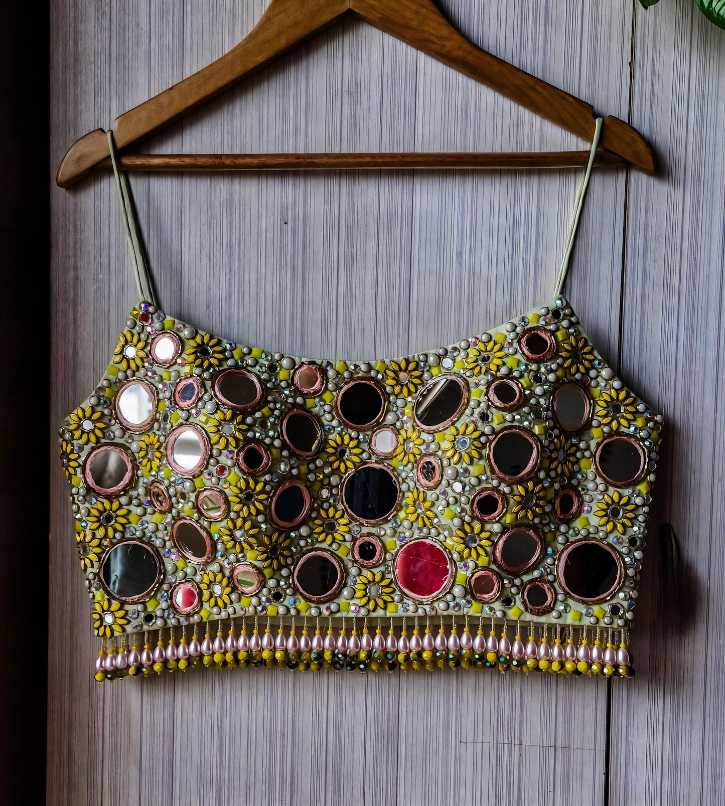 Hand Embroidered Mint Green Bejeweled Blouse, Mirror, Beads Embellished Silk Spaghetti DVBL_519