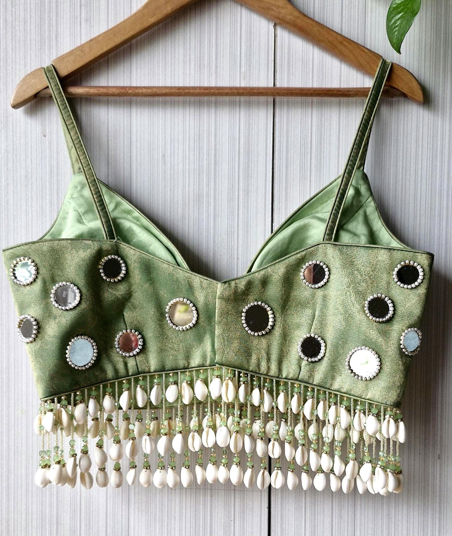 Hand Embroidered Sage Green Blouse, Mirror, Shells Embellishment, Plunge
