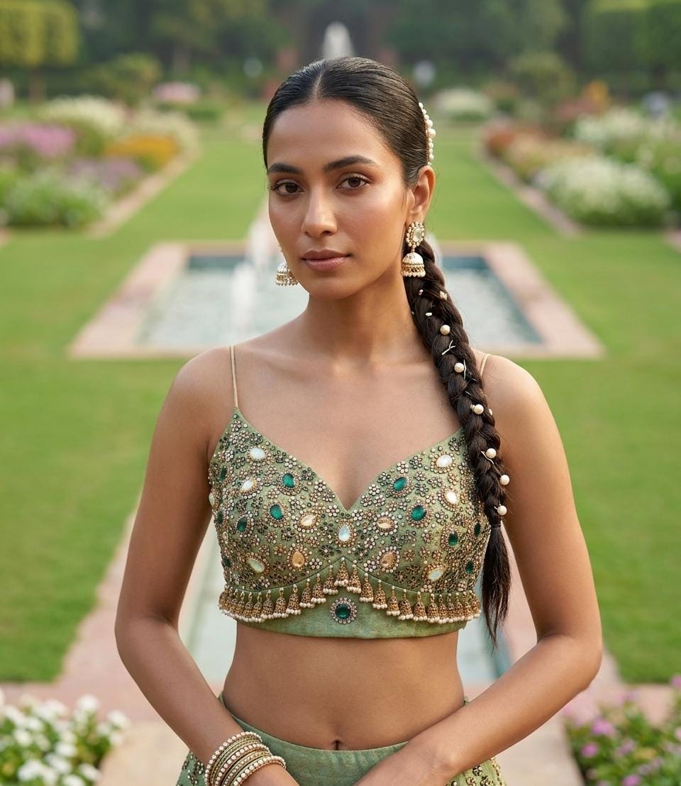 Hand Embroidered Green Blouse, Kundan Embellishment, Bejeweled Bralette