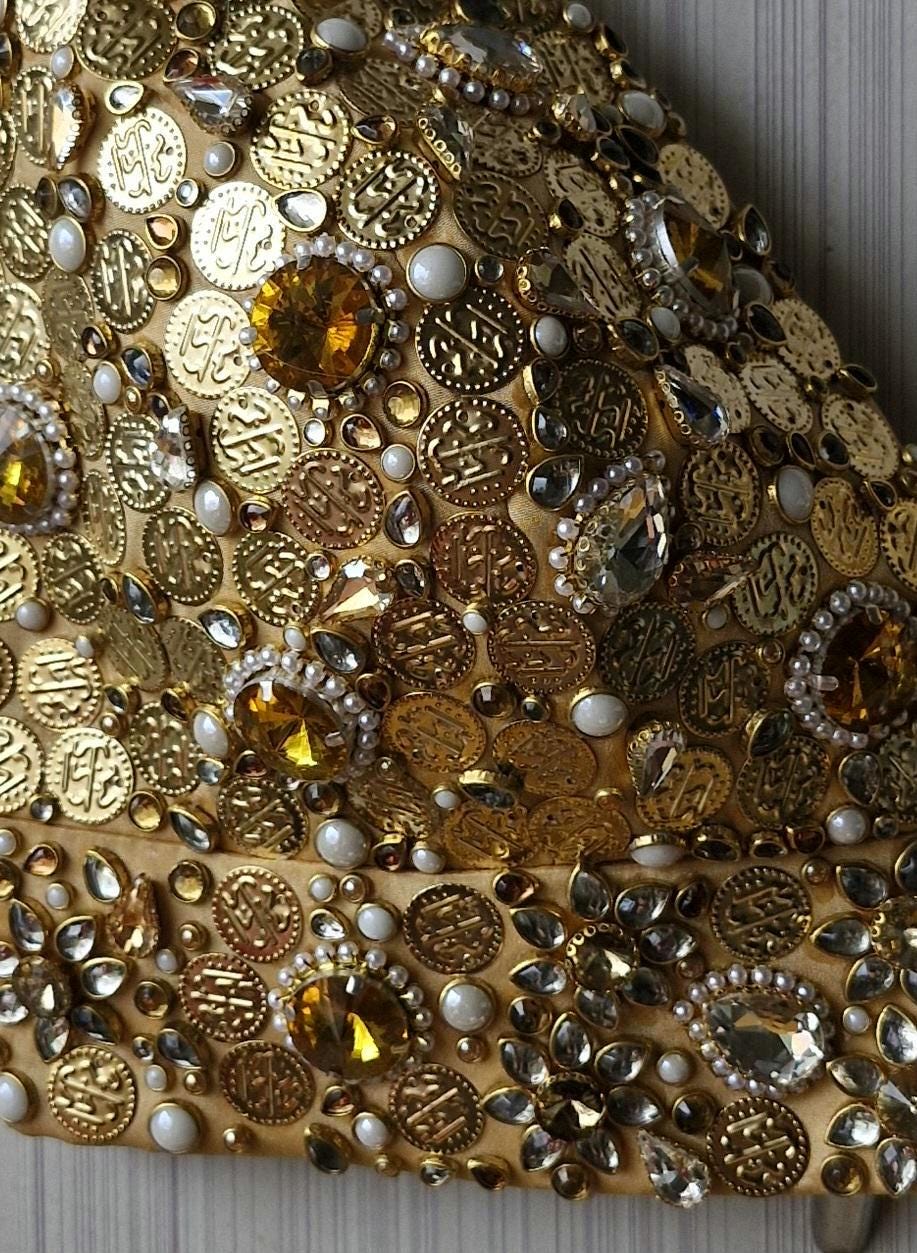 Hand Embroidered Gold Bejeweled Blouse, Kundan Embellished Spaghetti