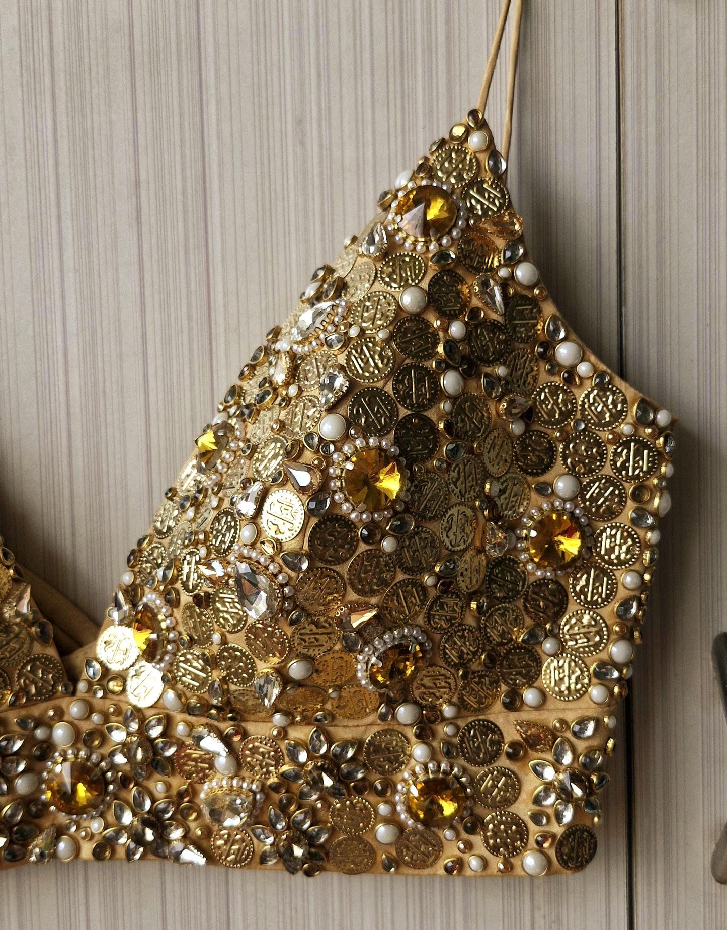 Hand Embroidered Gold Bejeweled Blouse, Kundan Embellished Spaghetti