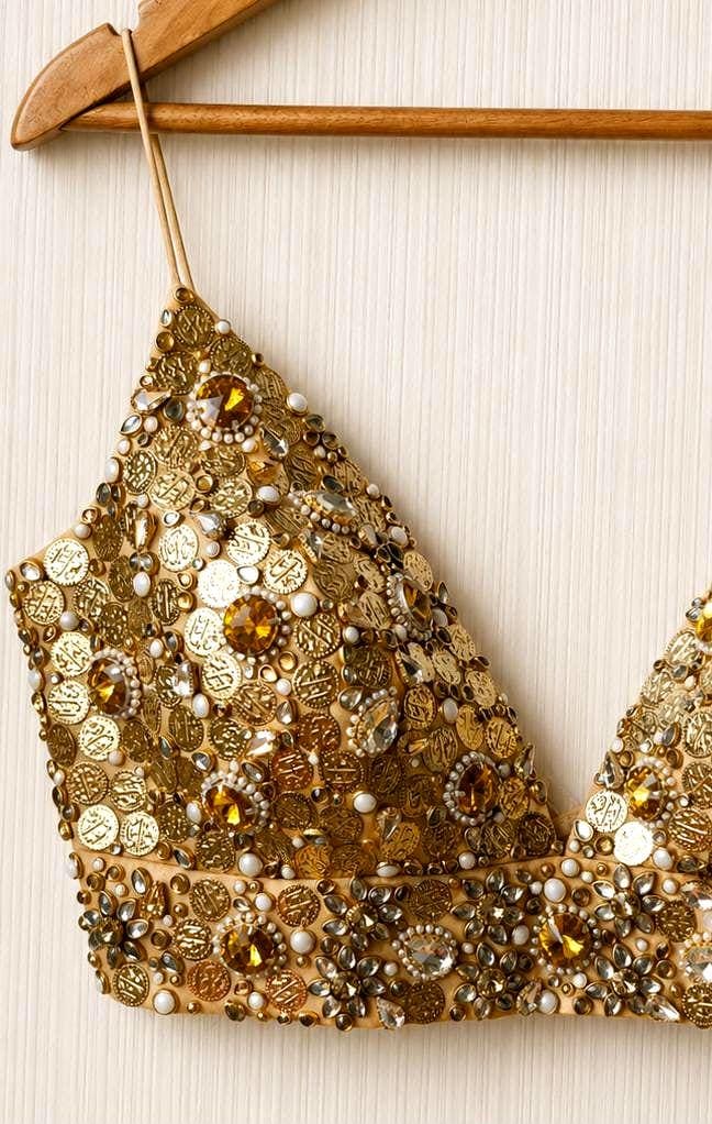 Hand Embroidered Gold Bejeweled Blouse, Kundan Embellished Spaghetti